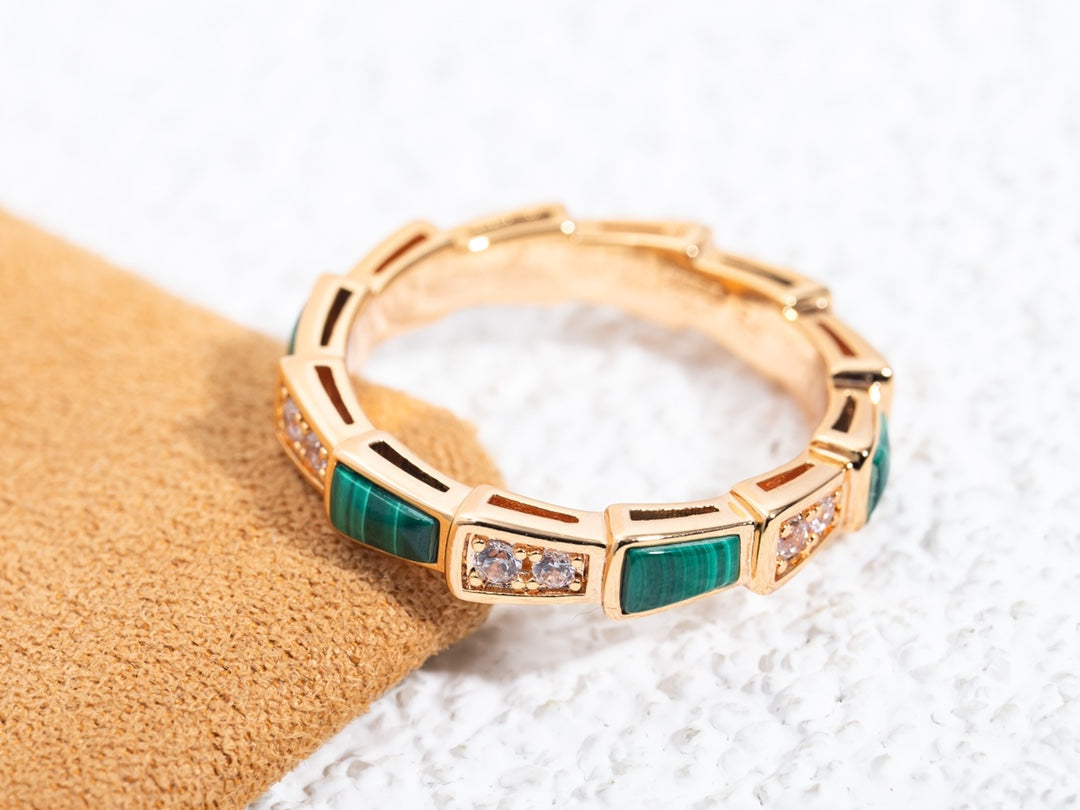 Bvlgari Serpenti Ring Pink Gold Malachite Cubic Zirconia 3MM