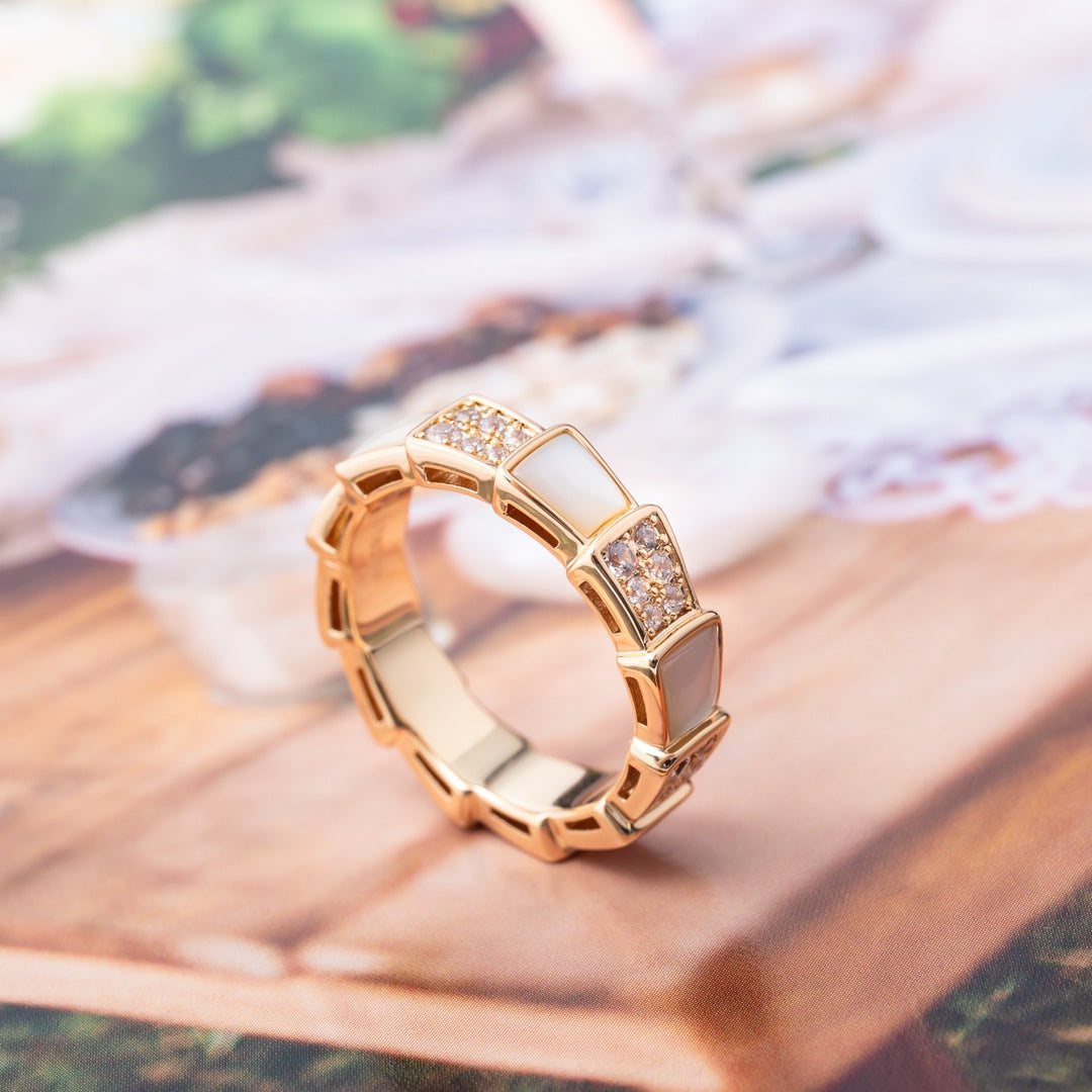 Bvlgari Serpenti Ring Pink Gold MOP Cubic Zirconia Paved 4MM
