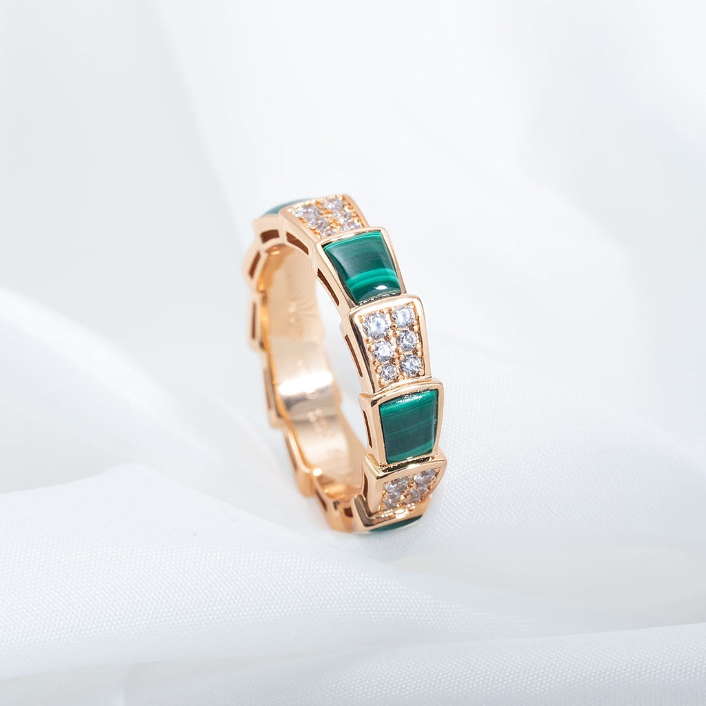Bvlgari Serpenti Ring Pink Gold Malachite Cubic Zirconia Paved 4MM