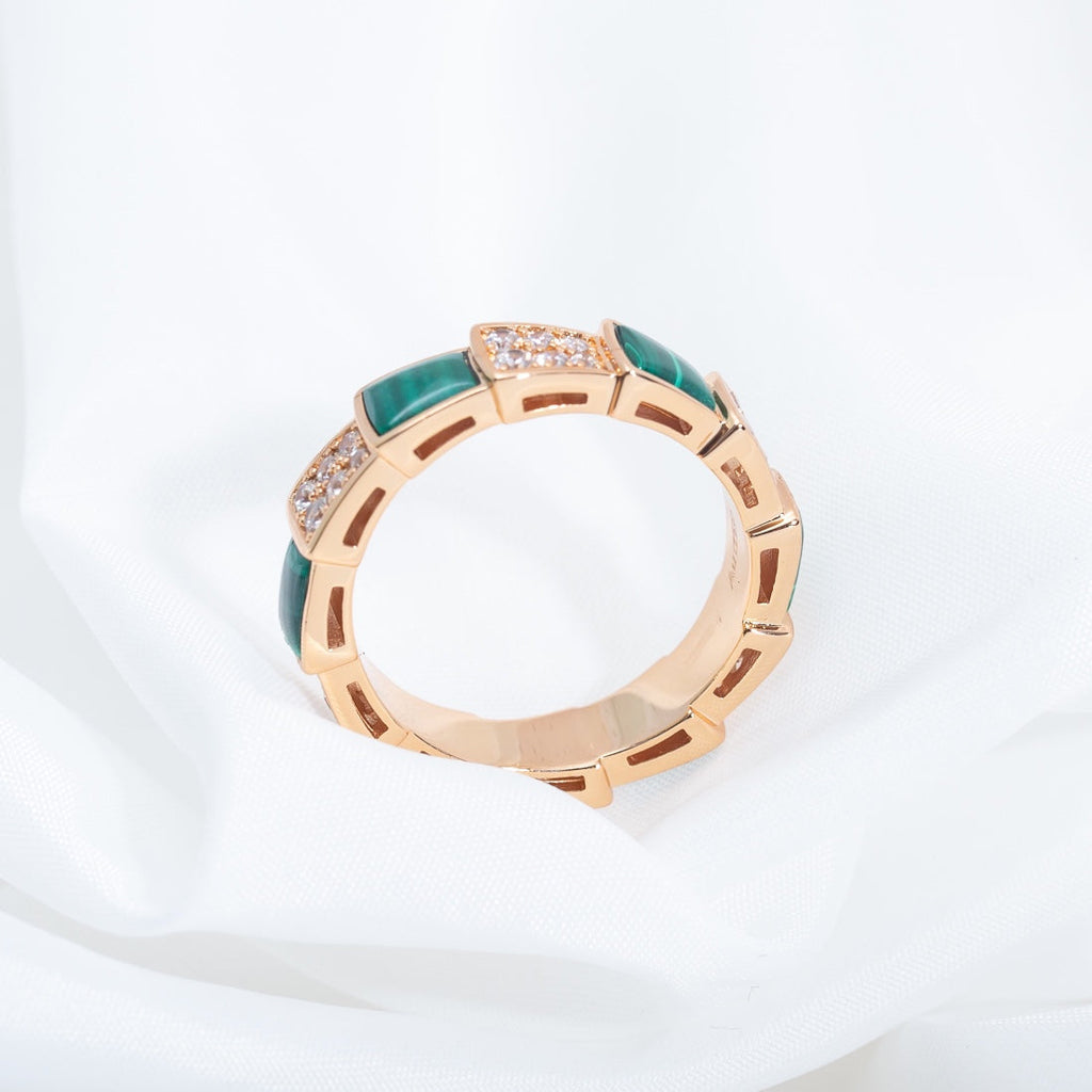 Bvlgari Serpenti Ring Pink Gold Malachite Cubic Zirconia Paved 4MM
