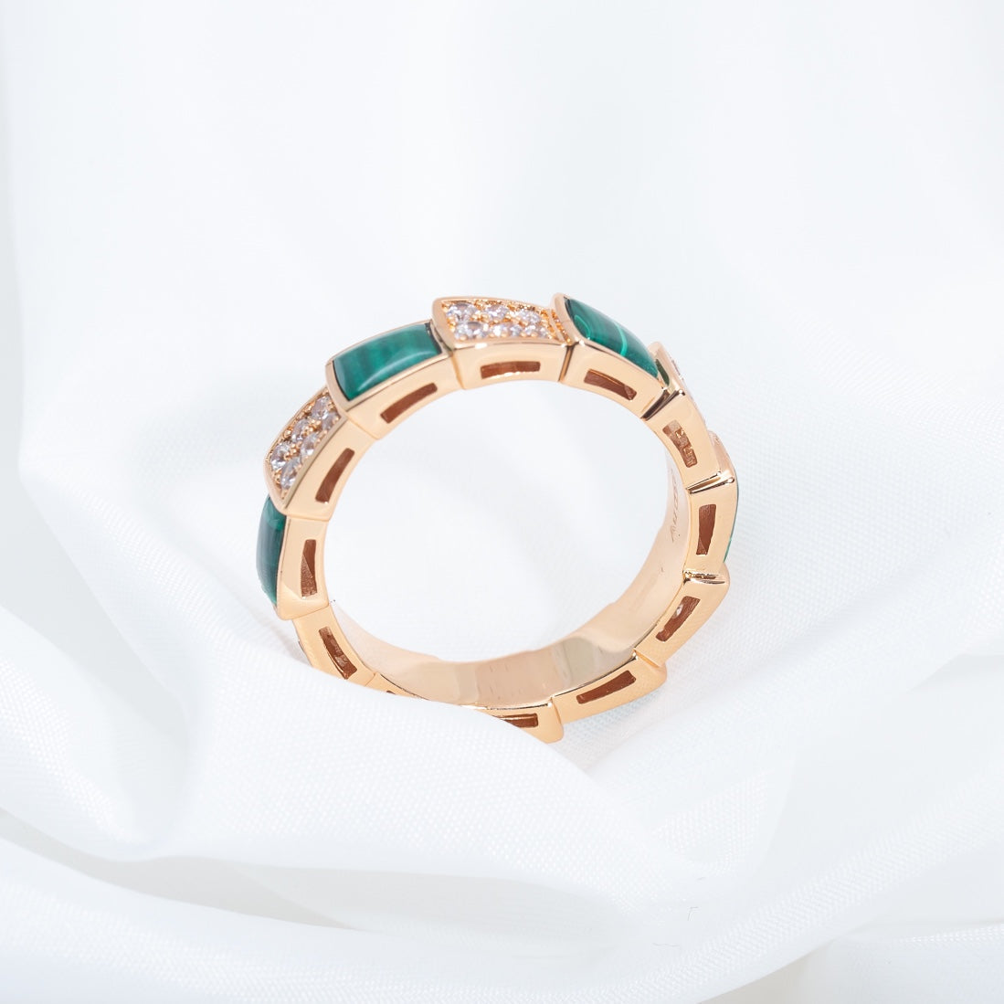 Bvlgari Serpenti Ring Pink Gold Malachite Cubic Zirconia Paved 4MM
