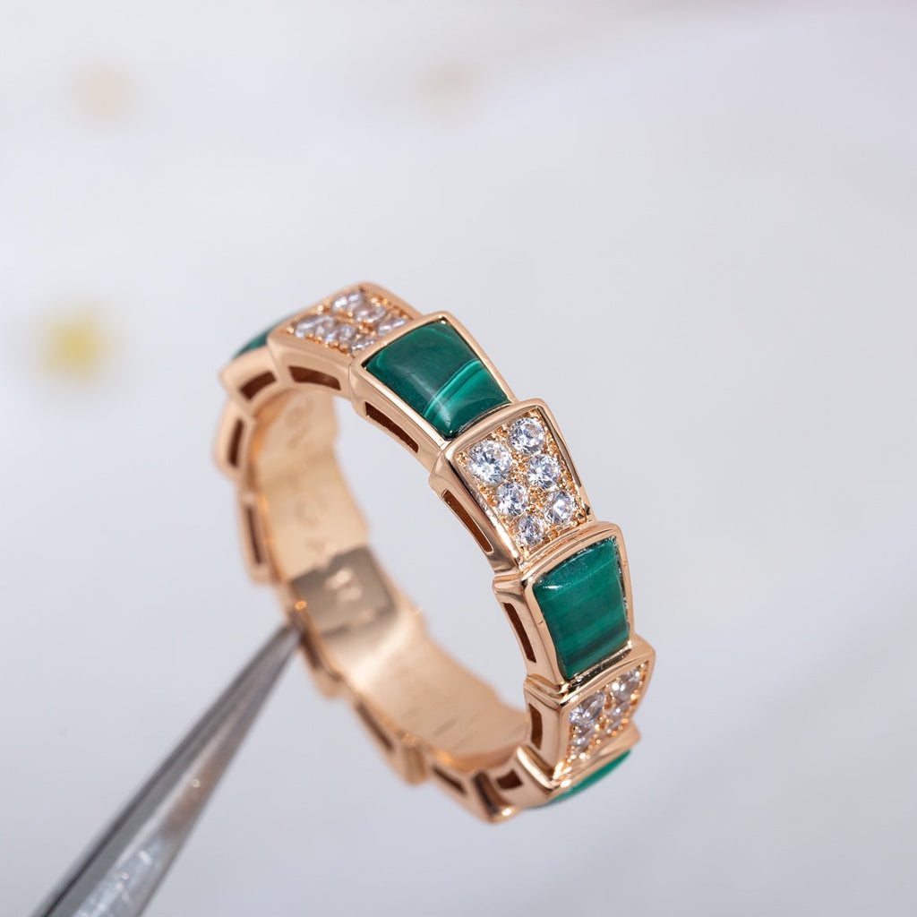 Bvlgari Serpenti Ring Pink Gold Malachite Cubic Zirconia Paved 4MM