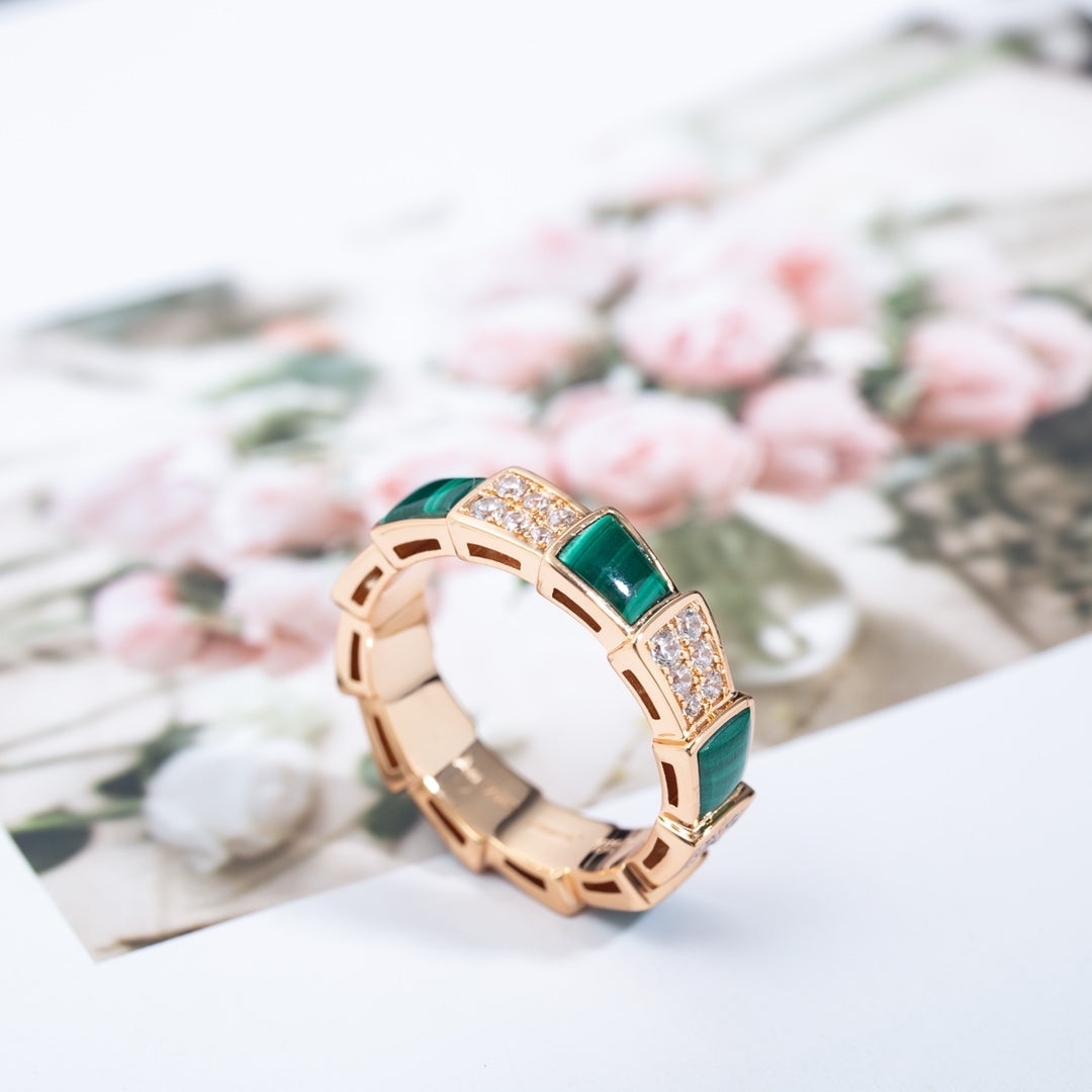 Bvlgari Serpenti Ring Pink Gold Malachite Cubic Zirconia Paved 4MM