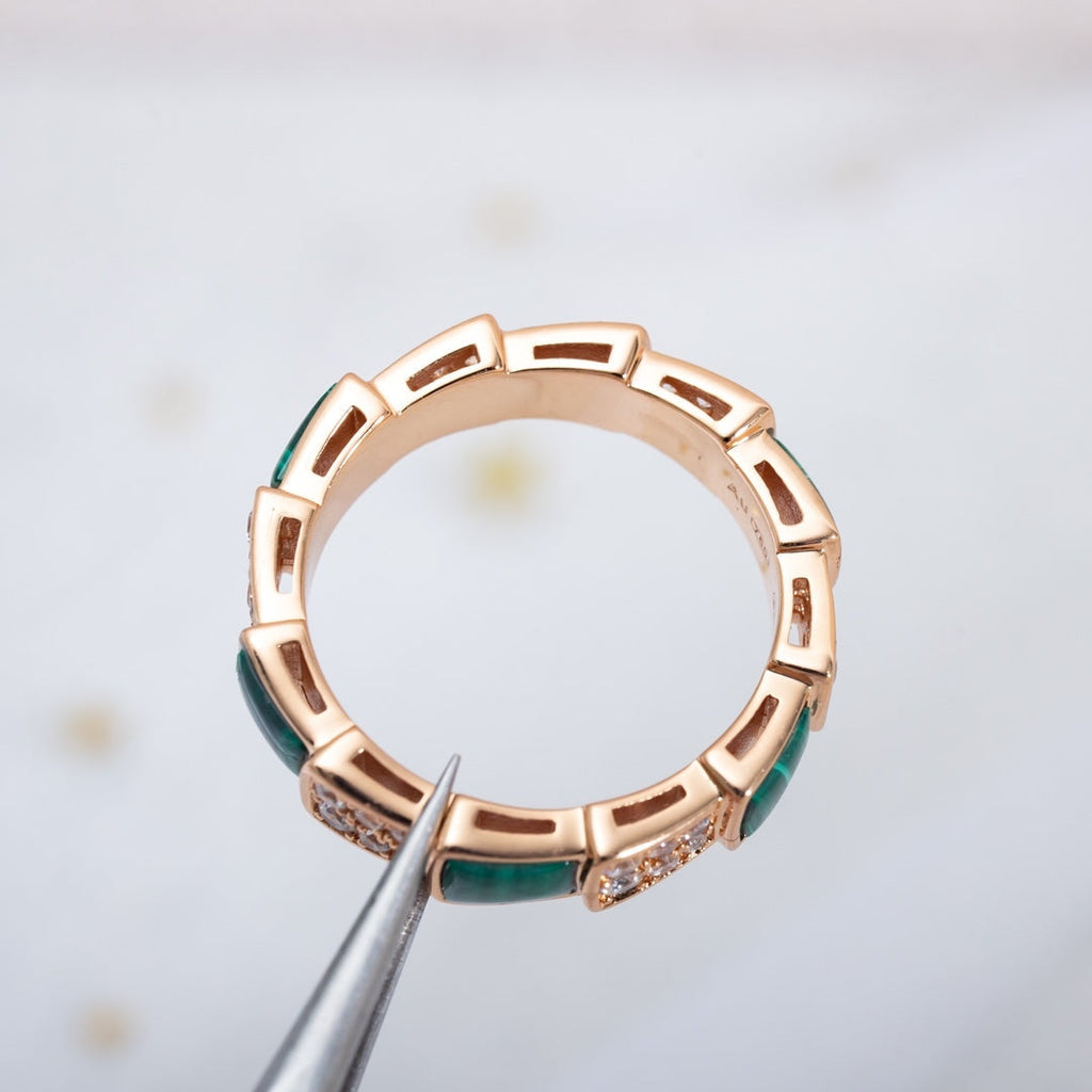 Bvlgari Serpenti Ring Pink Gold Malachite Cubic Zirconia Paved 4MM