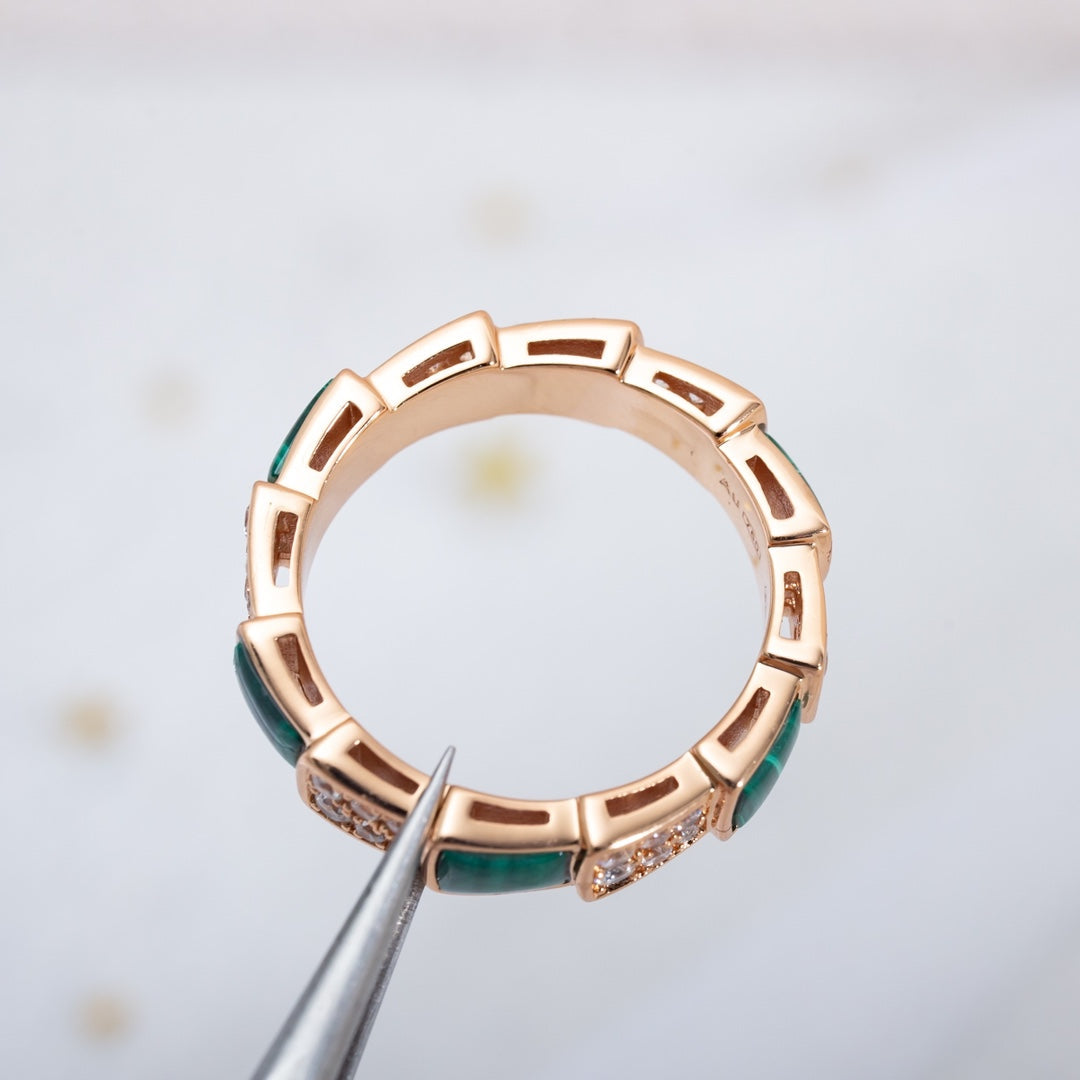 Bvlgari Serpenti Ring Pink Gold Malachite Cubic Zirconia Paved 4MM