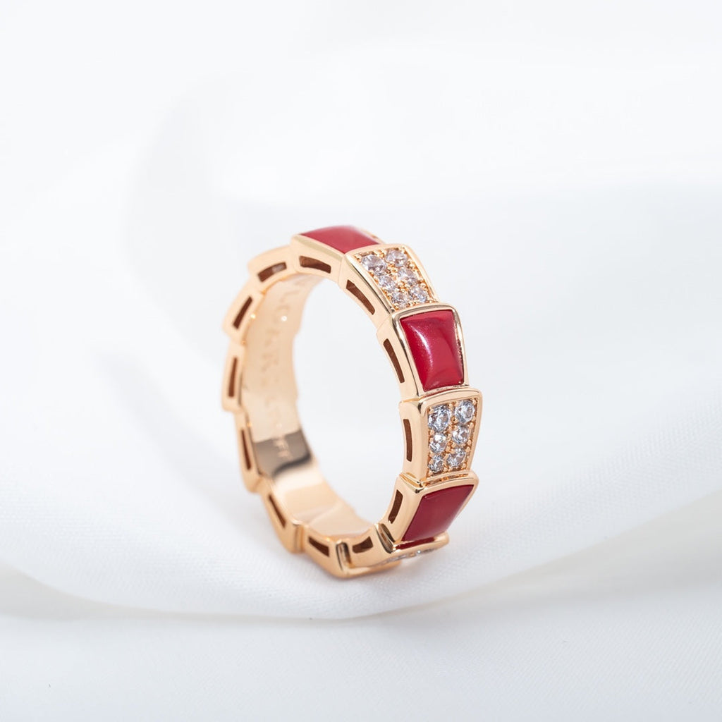 Bvlgari Serpenti Ring Pink Gold Carnelian Cubic Zirconia Paved 4MM
