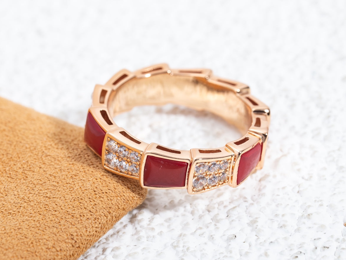 Bvlgari Serpenti Ring Pink Gold Carnelian Cubic Zirconia Paved 4MM