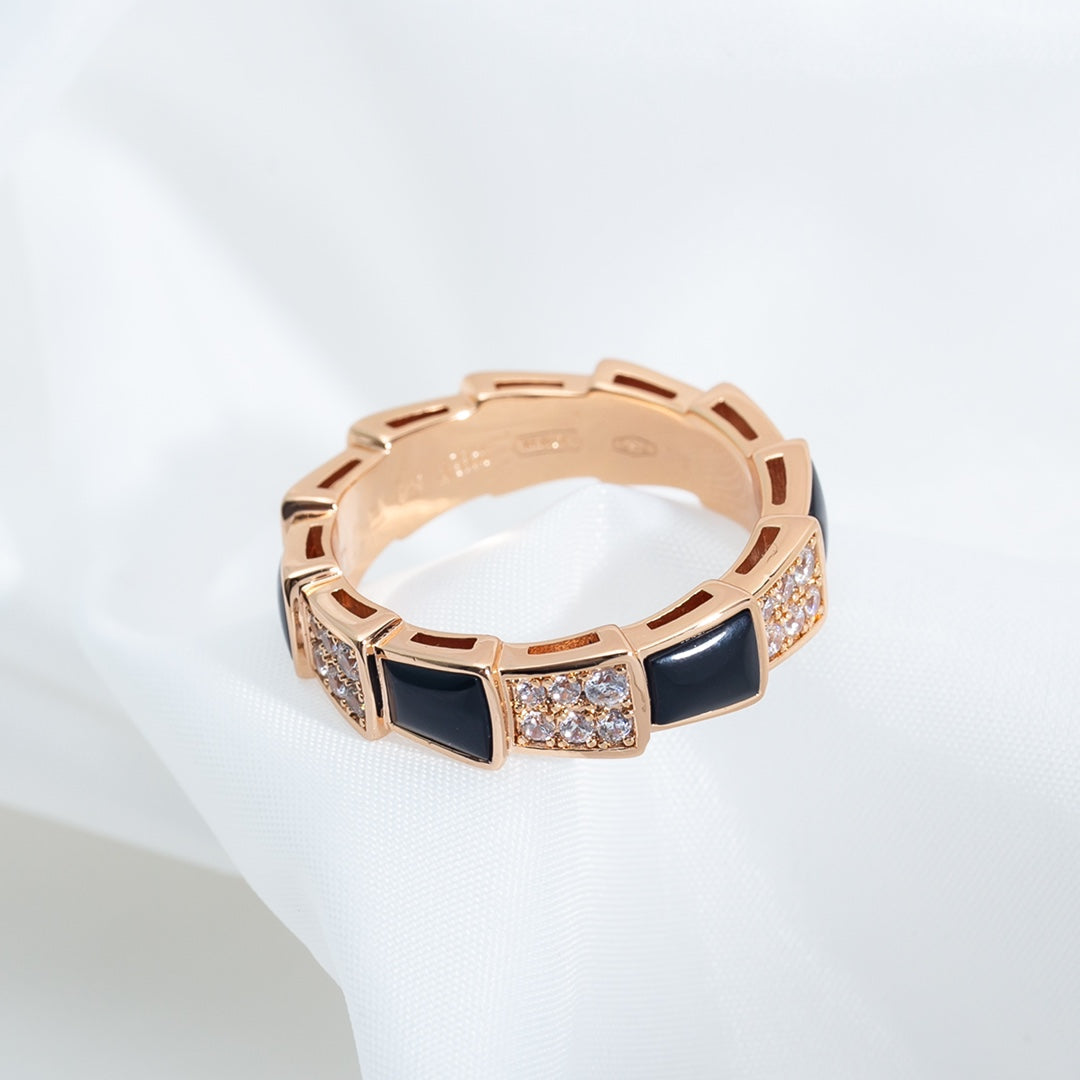 Bvlgari Serpenti Ring Pink Gold Black MOP Cubic Zirconia Paved 4MM