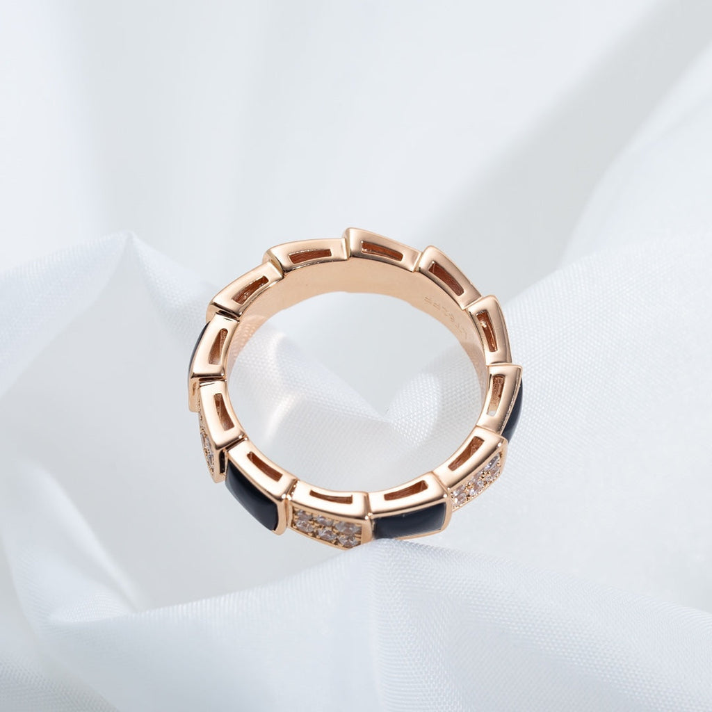 Bvlgari Serpenti Ring Pink Gold Black MOP Cubic Zirconia Paved 4MM