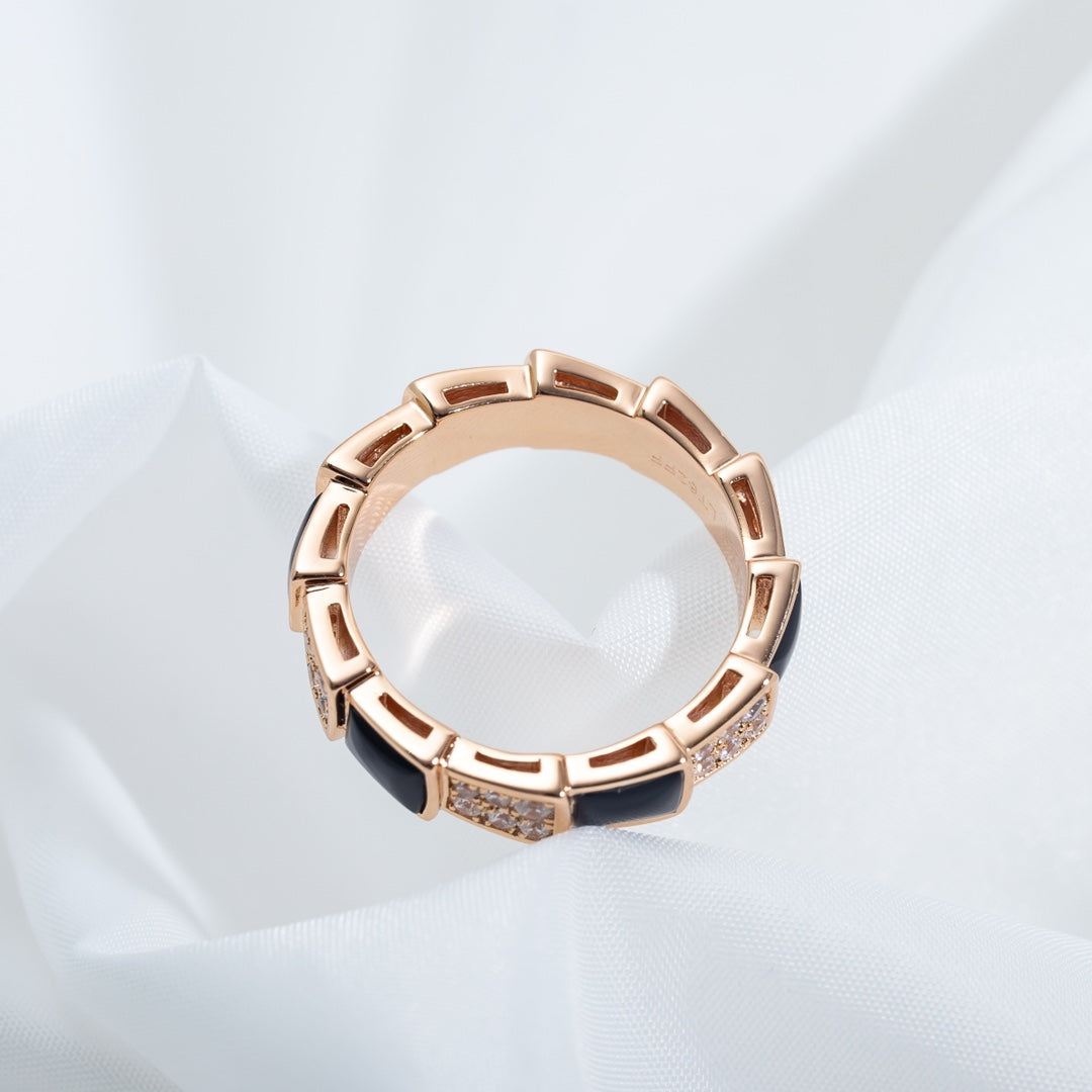 Bvlgari Serpenti Ring Pink Gold Black MOP Cubic Zirconia Paved 4MM
