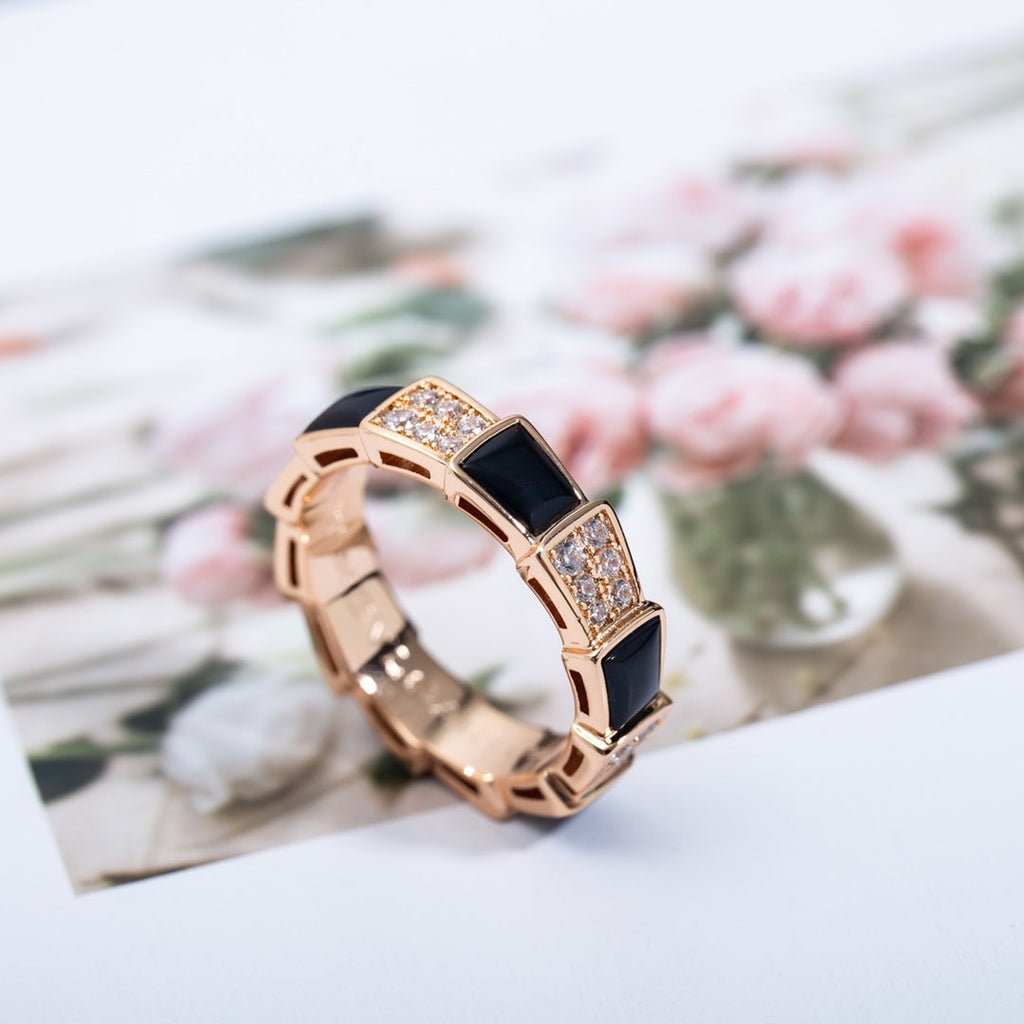 Bvlgari Serpenti Ring Pink Gold Black MOP Cubic Zirconia Paved 4MM