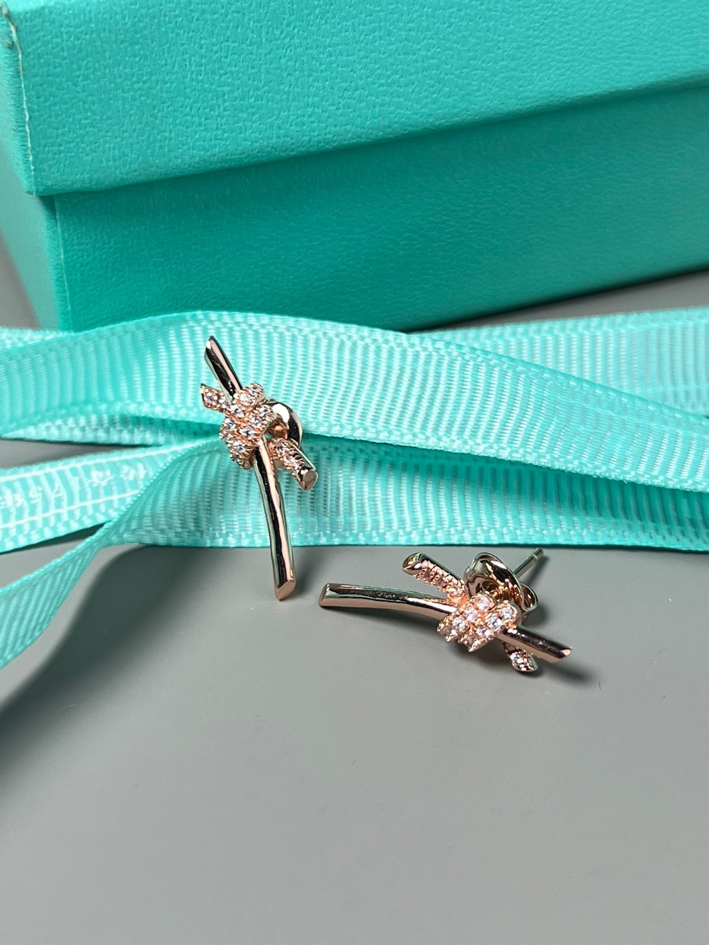 Tiffany Knot Earrings Pink Gold Cubic Zirconia