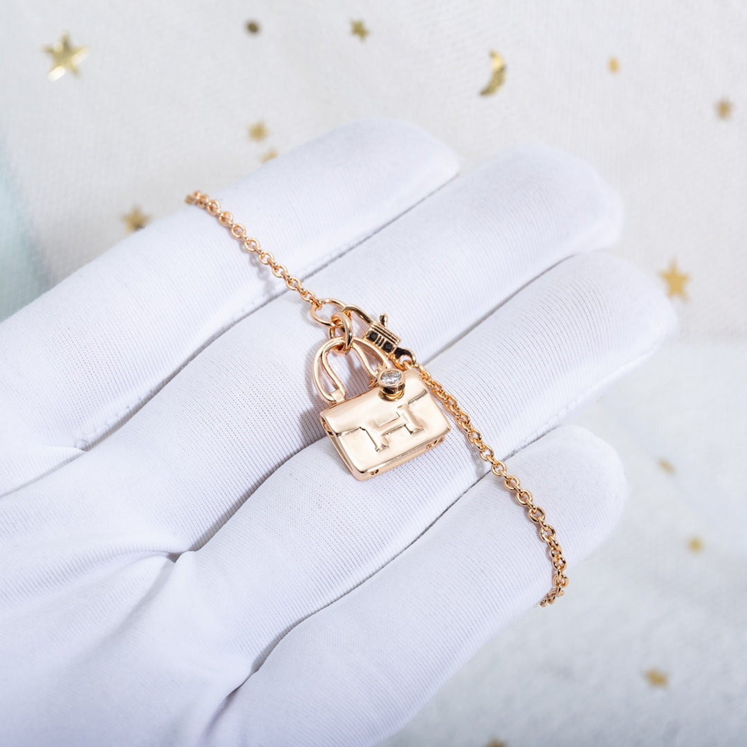 Hermes Amulette Constance Pendant Pink Gold Necklace