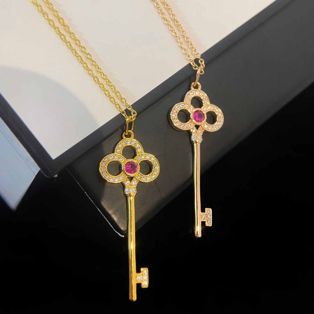 Tiffany Floret Key Pendant Necklace Pink Cubic Zirconia