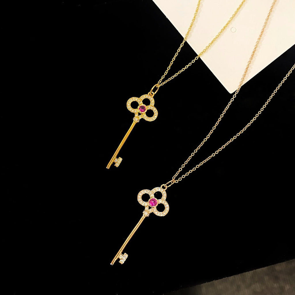 Tiffany Floret Key Pendant Necklace Pink Cubic Zirconia
