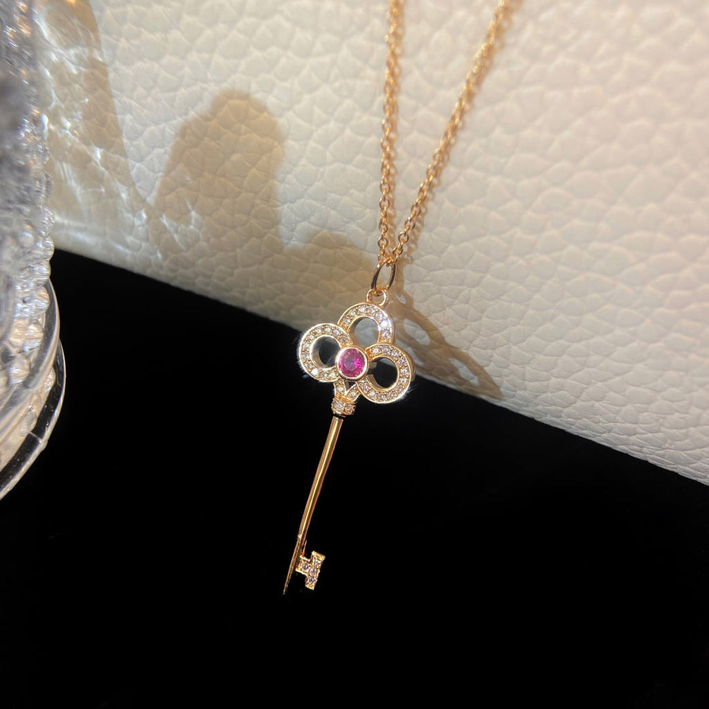 Tiffany Floret Key Pendant Necklace Pink Cubic Zirconia