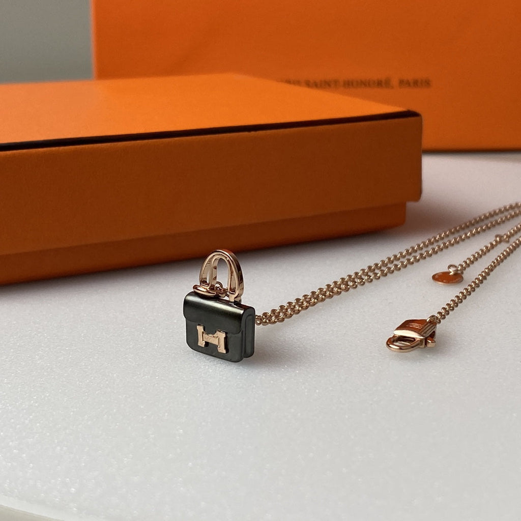 Hermes Constance Black Pendant Pink Gold Necklace