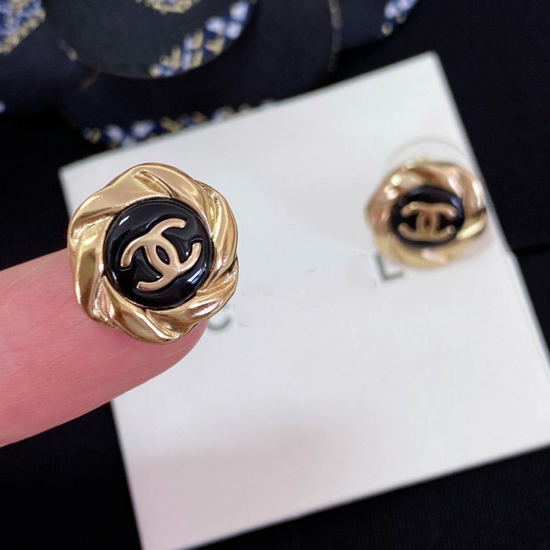 Chanel Double C Mini Stud Gold Black Earrings