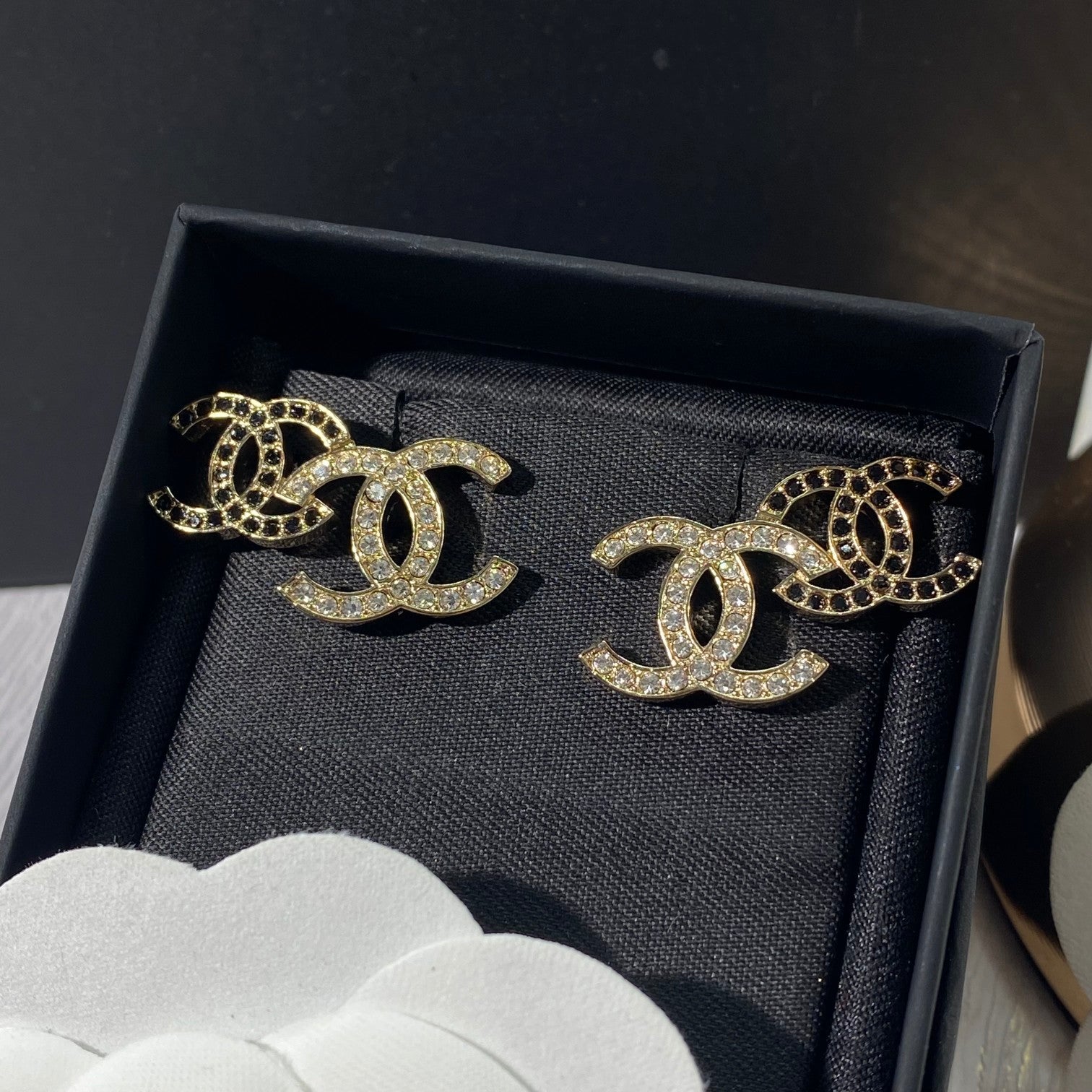 Chanel Double Stud Double C Cubic Zirconia Gold Earrings