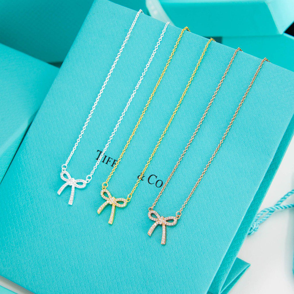 Tiffany Ribbon Necklace Bow Pendant Cubic Zirconia Charm Chain