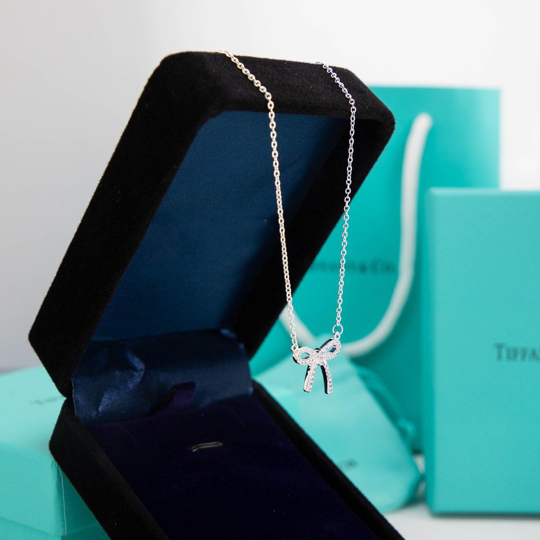 Tiffany Ribbon Necklace Bow Pendant Cubic Zirconia Charm Chain