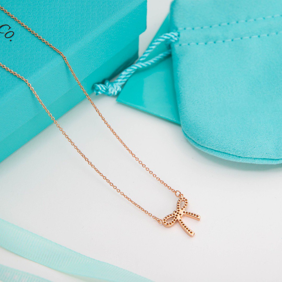 Tiffany Ribbon Necklace Bow Pendant Cubic Zirconia Charm Chain