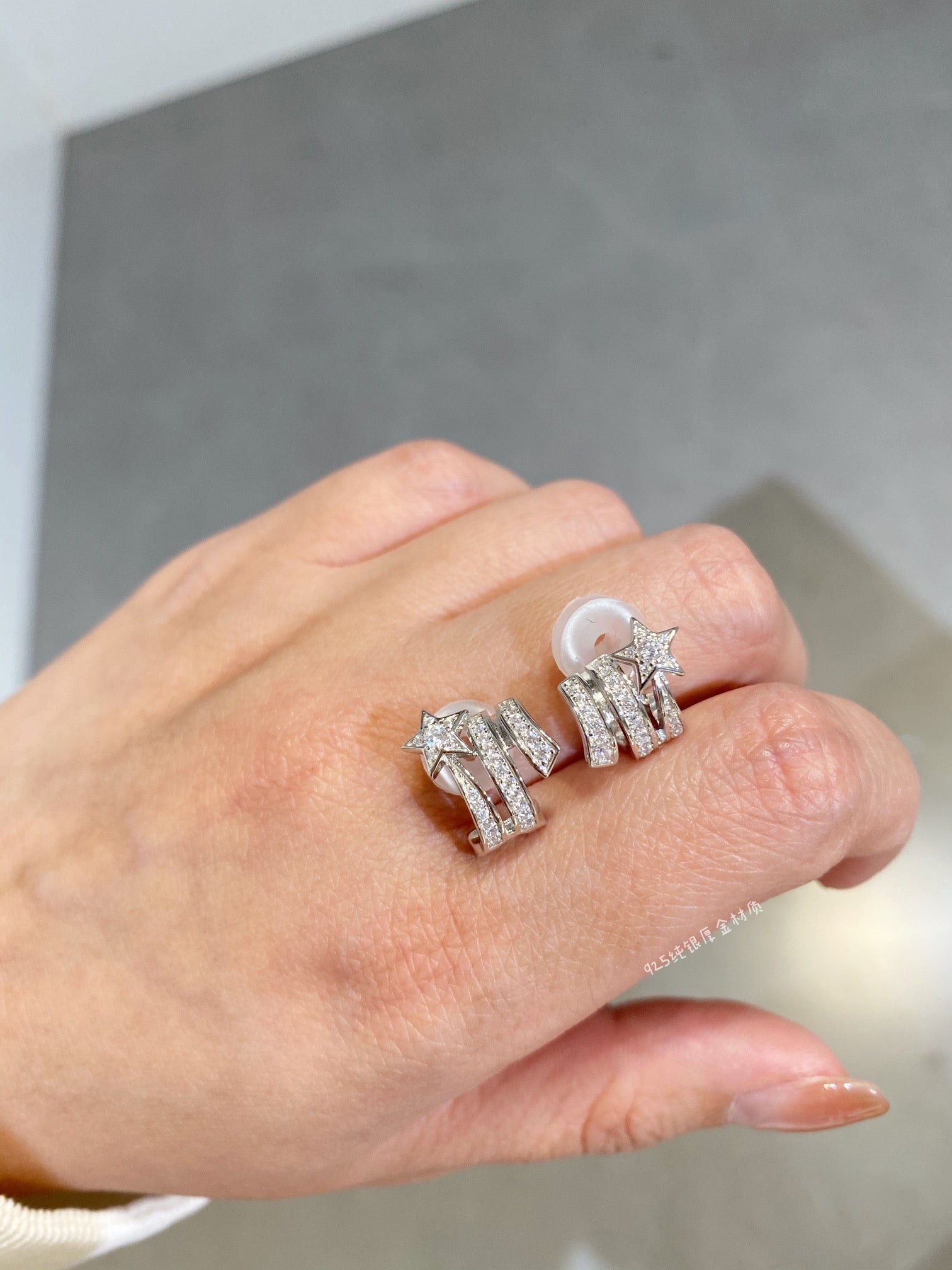 Chanel Star Double Row Cubic Zirconia Silver Earrning