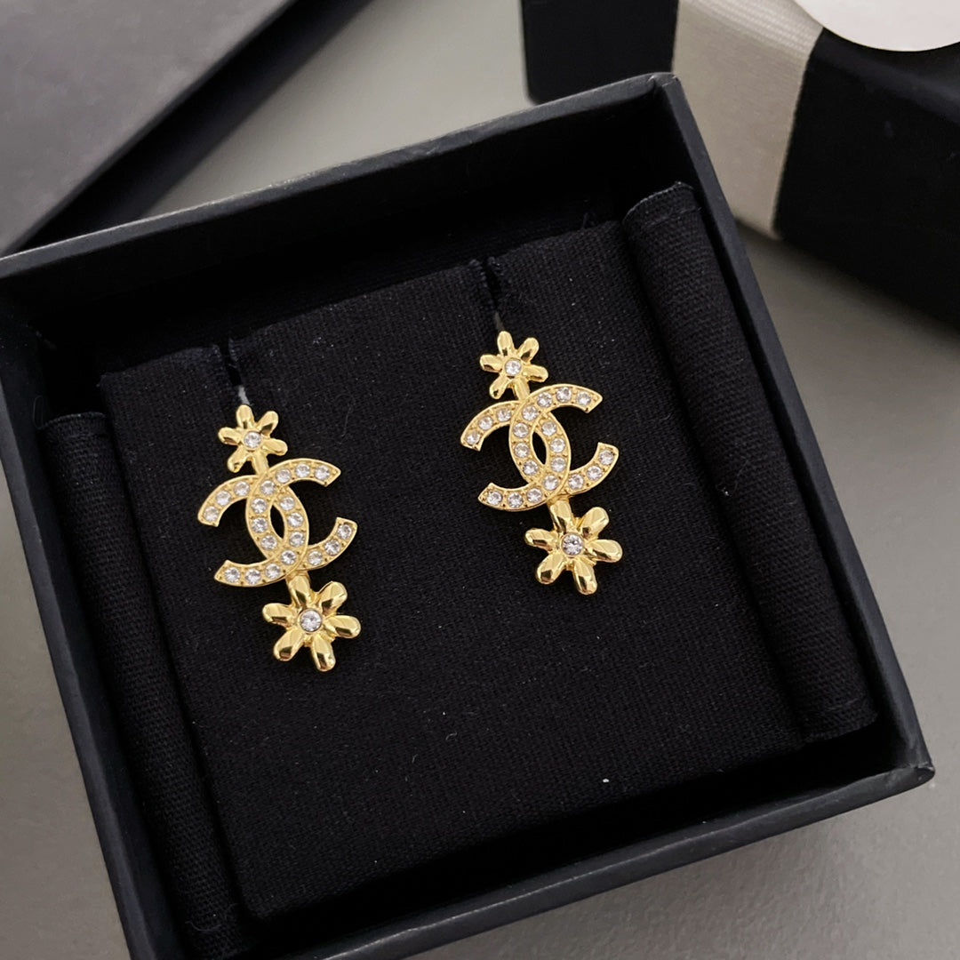 Chanel Double Flower Gold Cubic Zirconia Drop Earrings