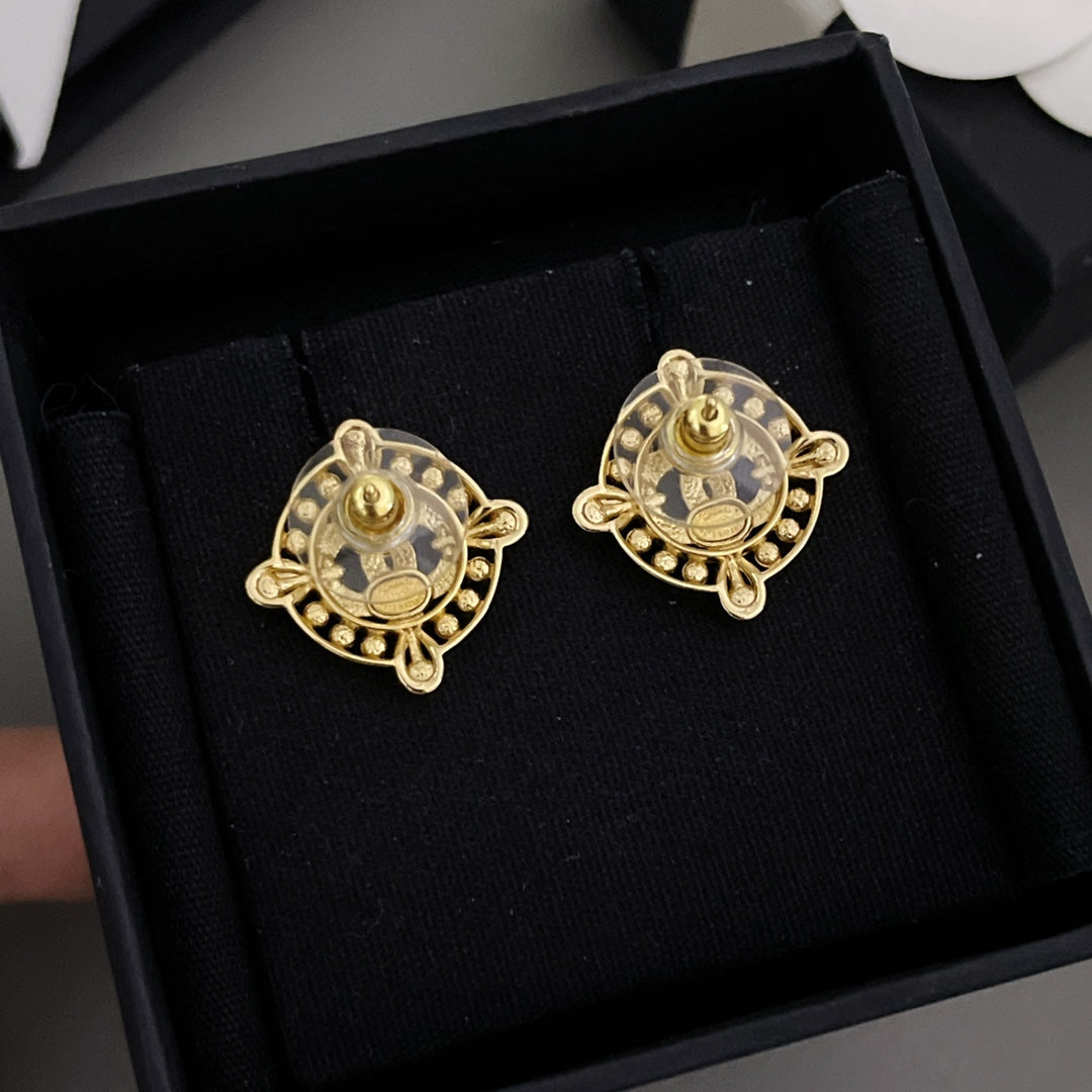 Chanel Double C Circle Gold Stud Earrings