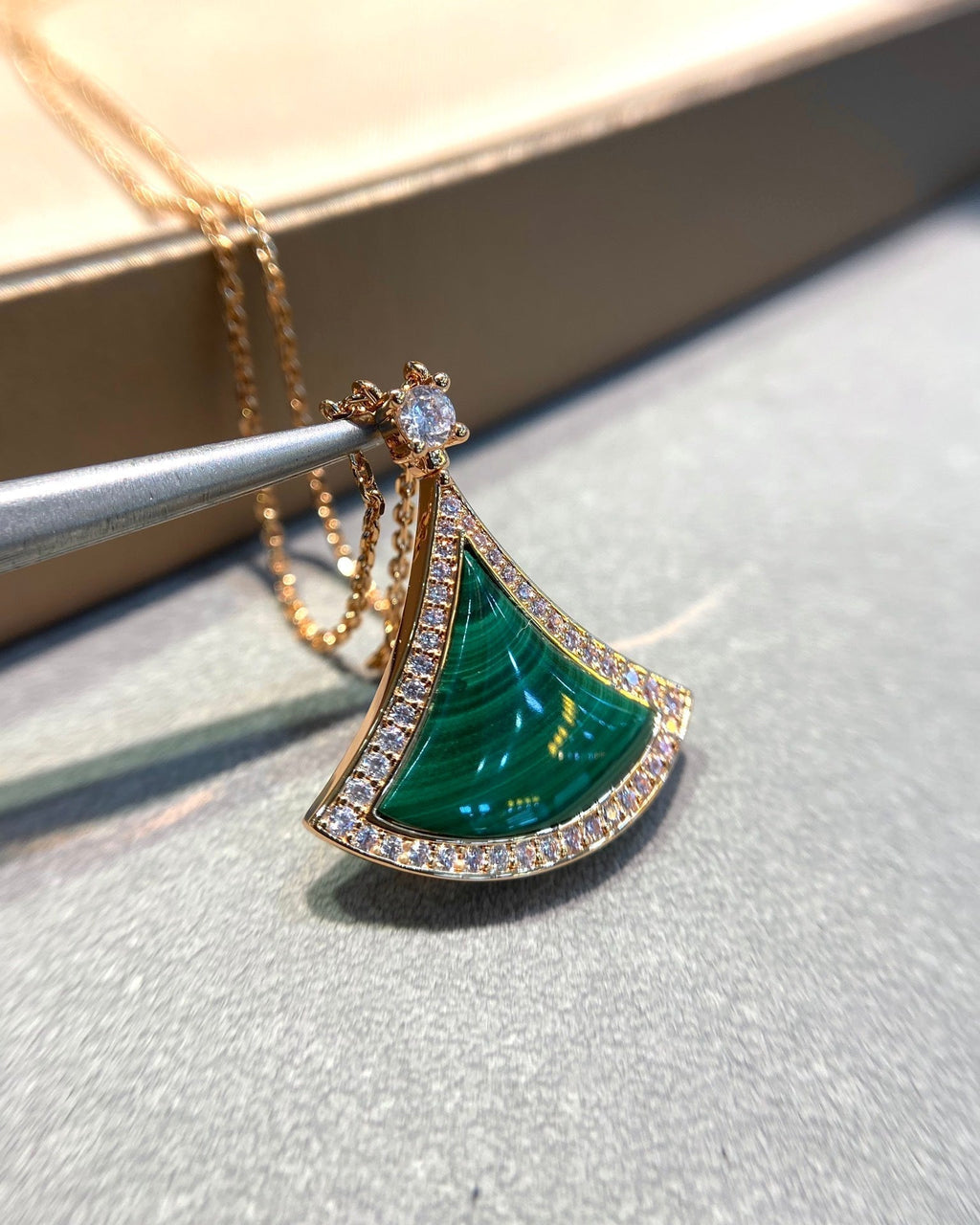 Bvlgari Dream Malachite Cubic Zirconia Paved Pink Gold Necklace