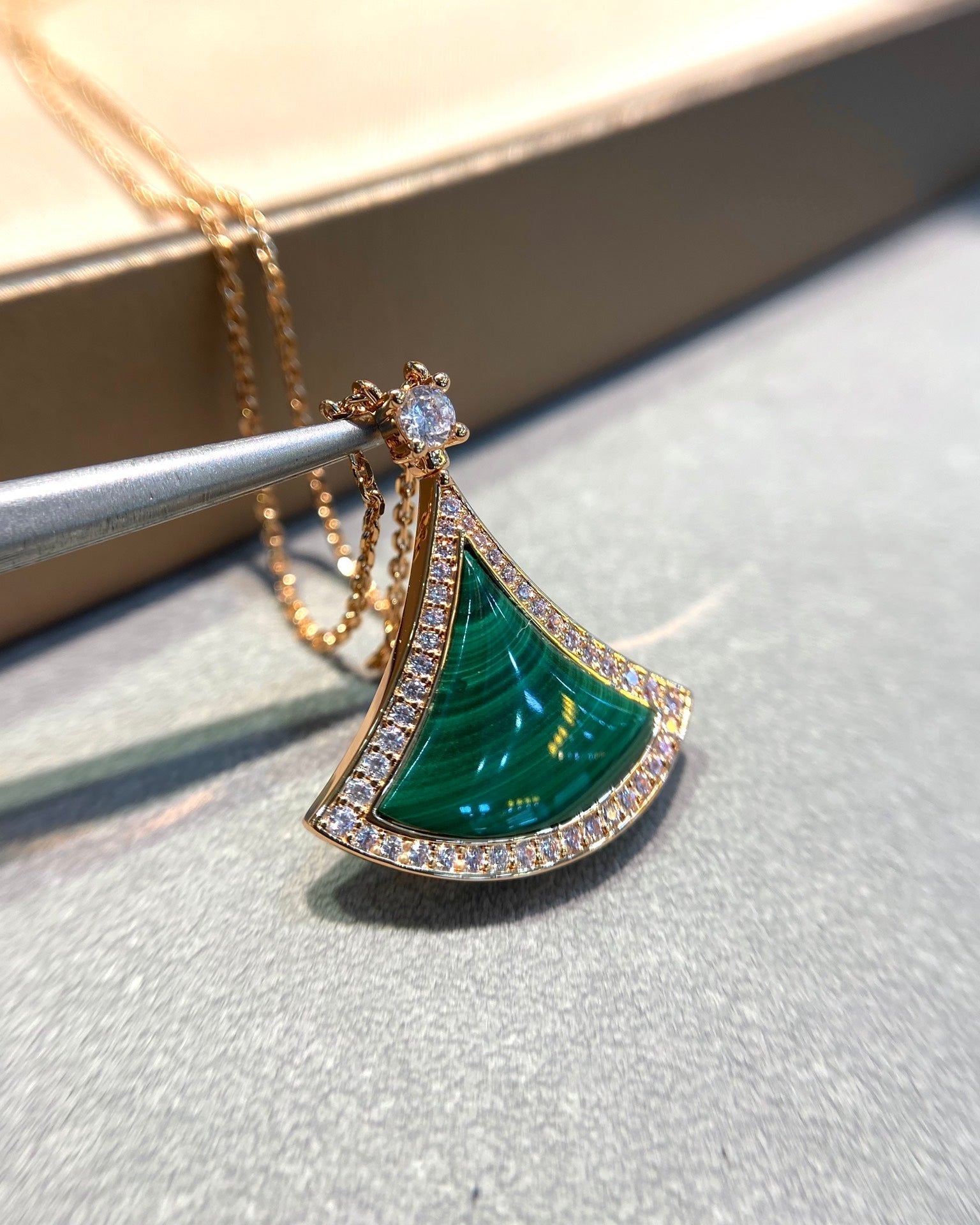 Bvlgari Dream Malachite Cubic Zirconia Paved Pink Gold Necklace