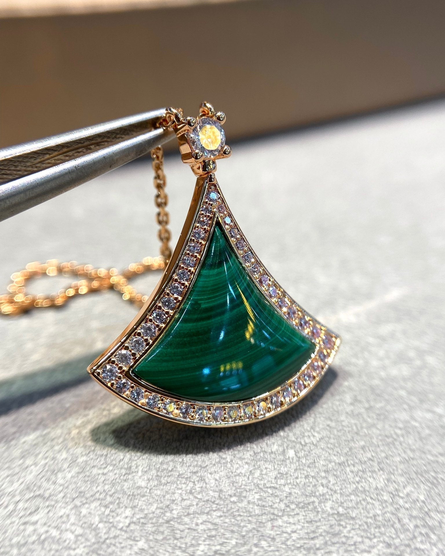 Bvlgari Dream Malachite Cubic Zirconia Paved Pink Gold Necklace