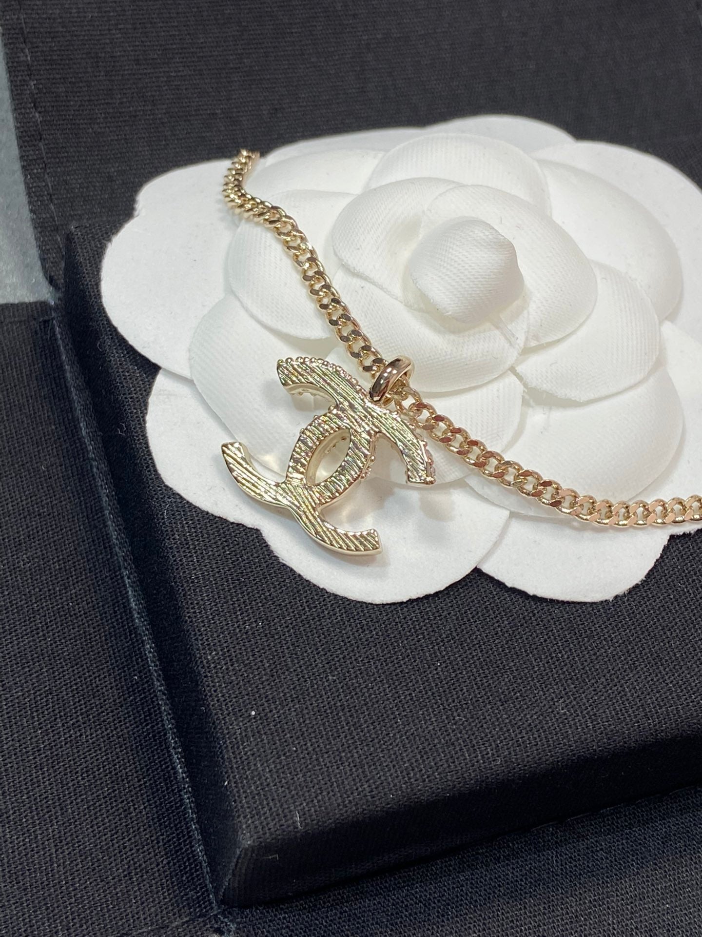 Chanel Pendant Half Cubic Zirconia Pink Gold Necklace