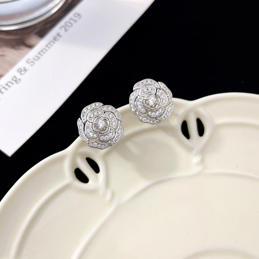 Chanel Bouton Camelia Cubic Zirconia Stud Earrings