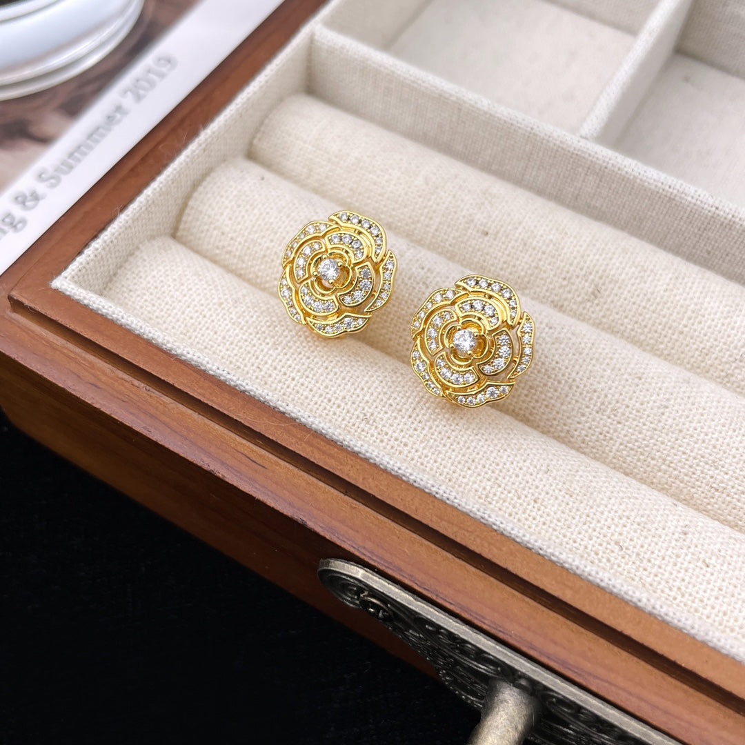 Chanel Bouton Camelia Cubic Zirconia Stud Earrings