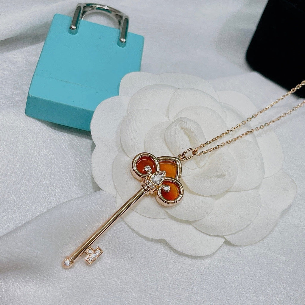 Tiffany Fleur de Lis Pink Gold Cubic Zirconia Carnelian Necklace