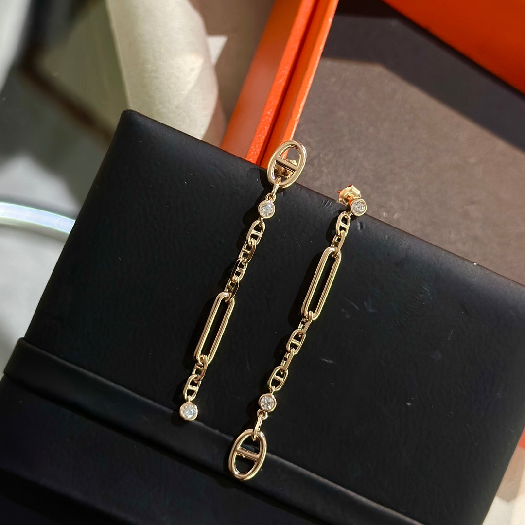 Hermes Chaine 3 Diamond Drop Pink Gold Earrings