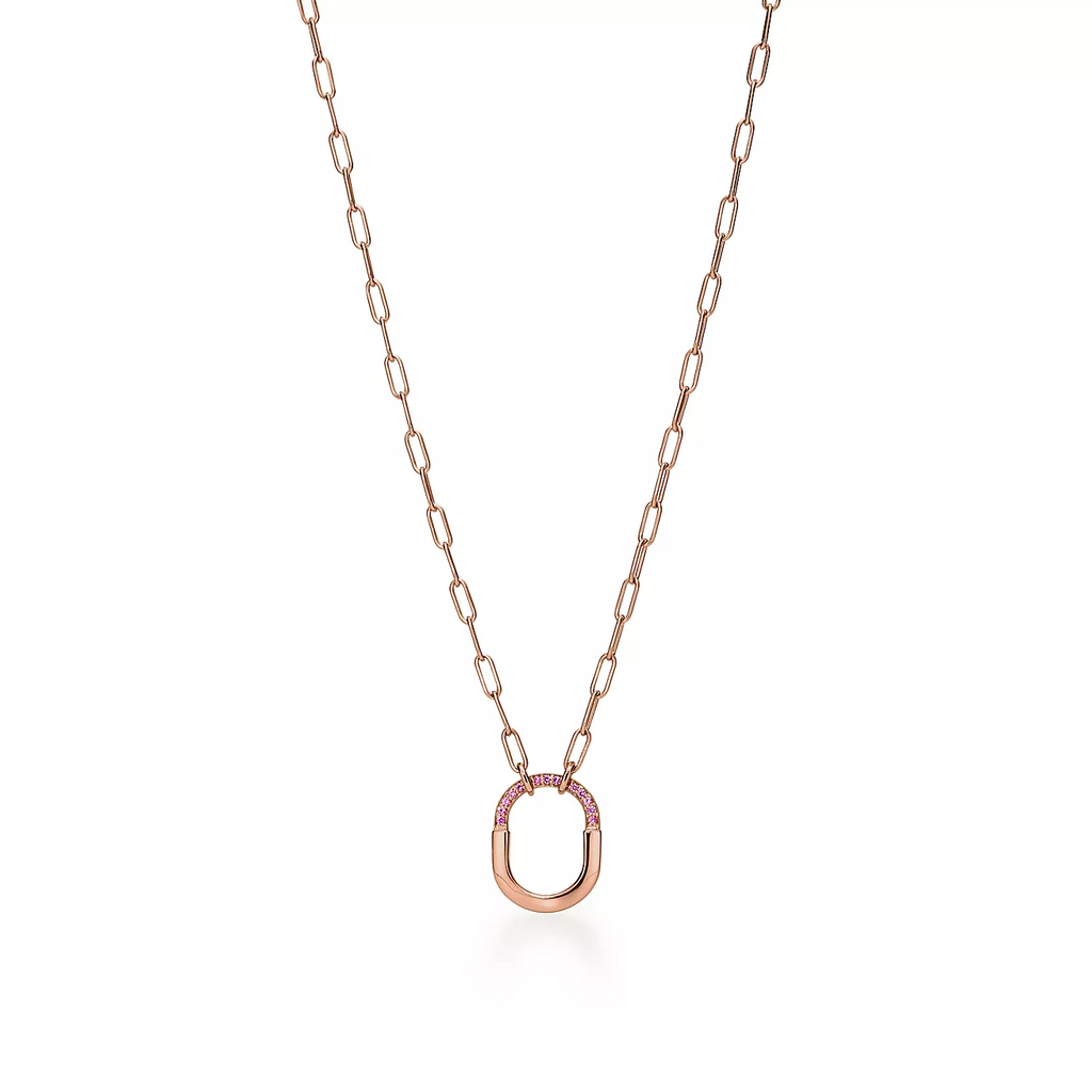Tiffany Lock Small Pendant Pink Cubic Zirconia Pink Gold Necklace