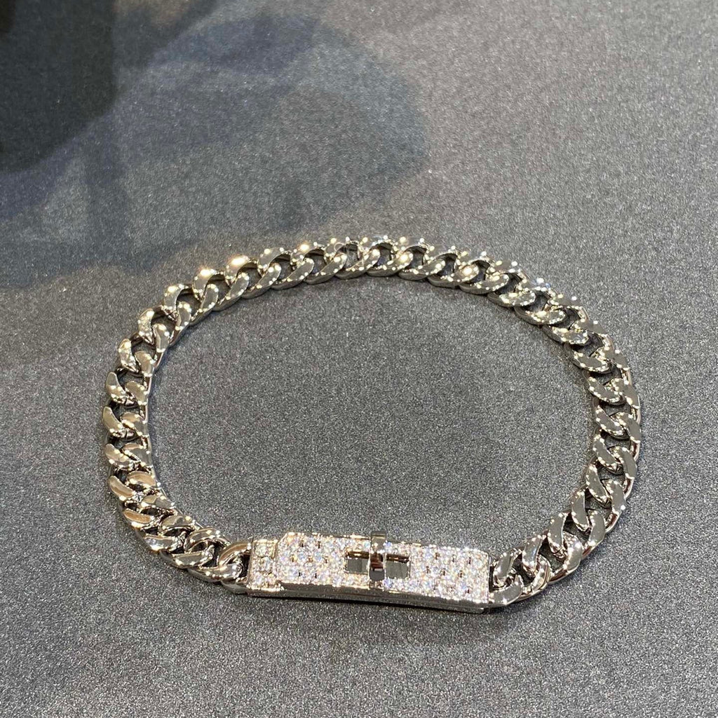 Hermes H Kelly Gourmette Silver Diamond Bracelet