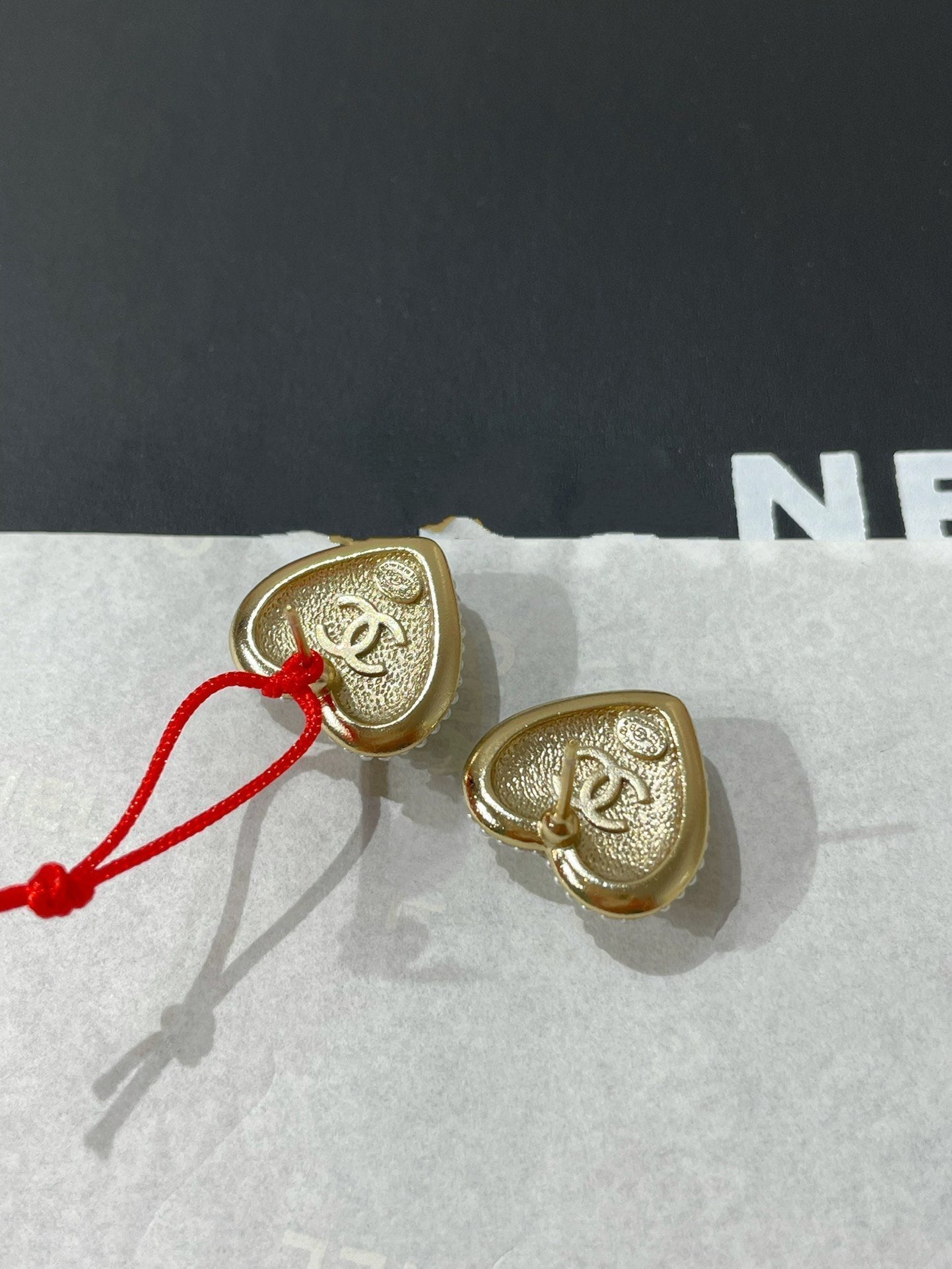 Chanel Heart Cubic Zirconia Paved MOP Stud Earrings