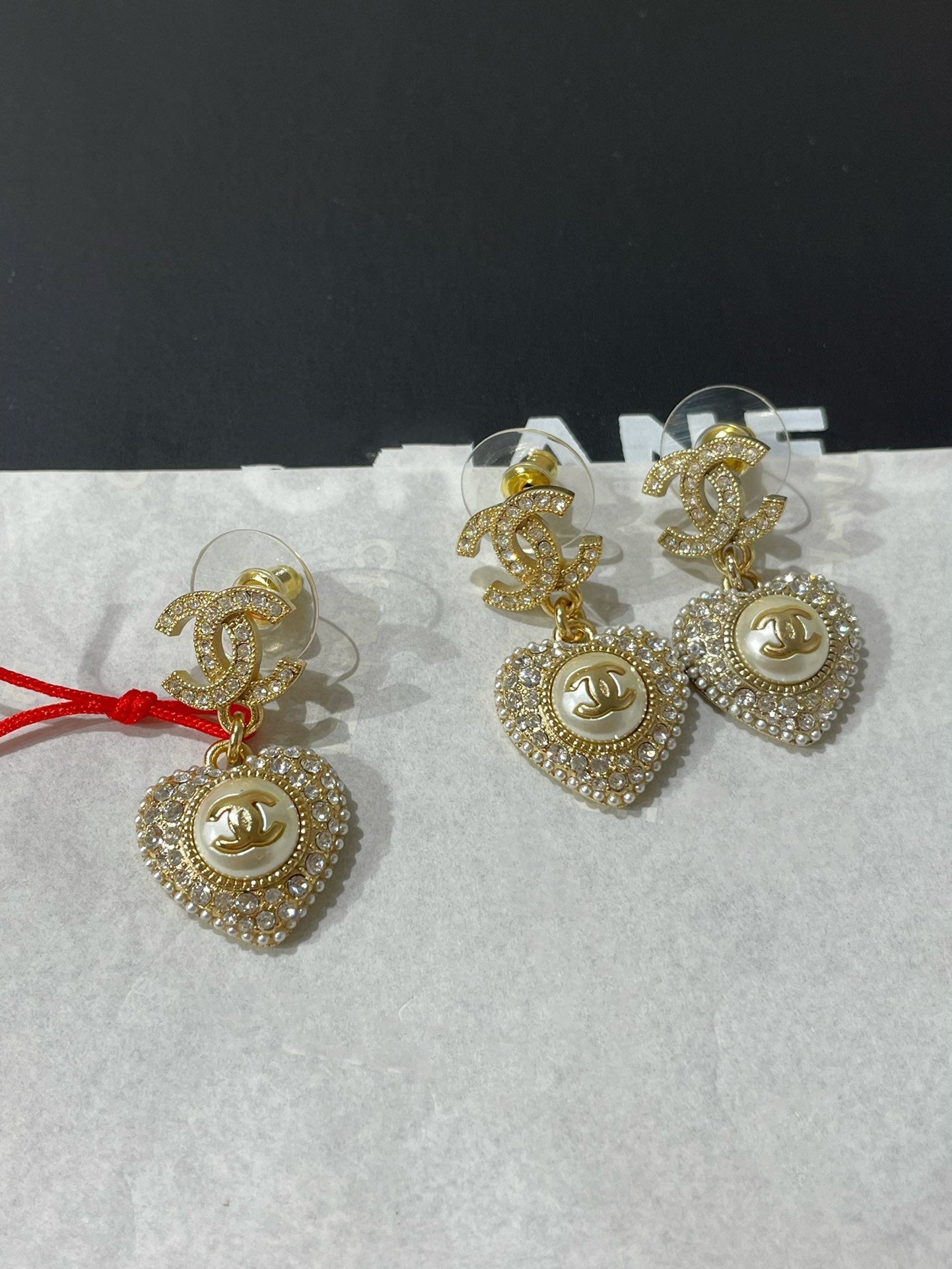 Chanel Logo Cubic Zirconia Paved Heart MOP Drop Earrings