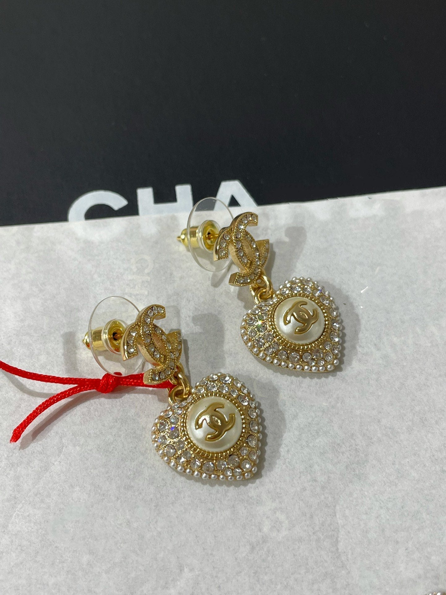 Chanel Logo Cubic Zirconia Paved Heart MOP Drop Earrings