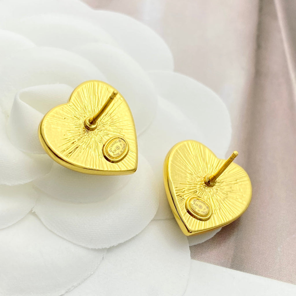 Chanel Black Enamel Gold Double C Heart Earrings