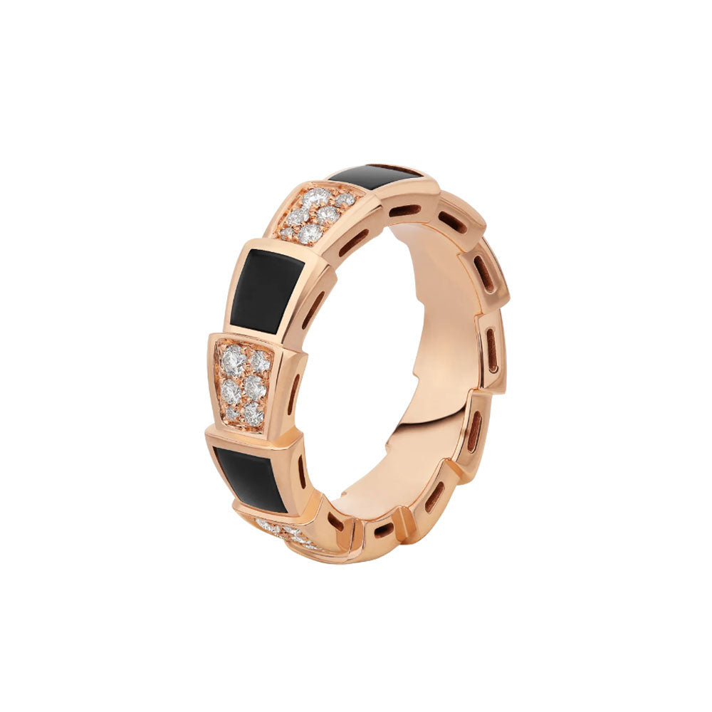 Bvlgari Serpenti Ring Pink Gold Black MOP Cubic Zirconia Paved 4MM