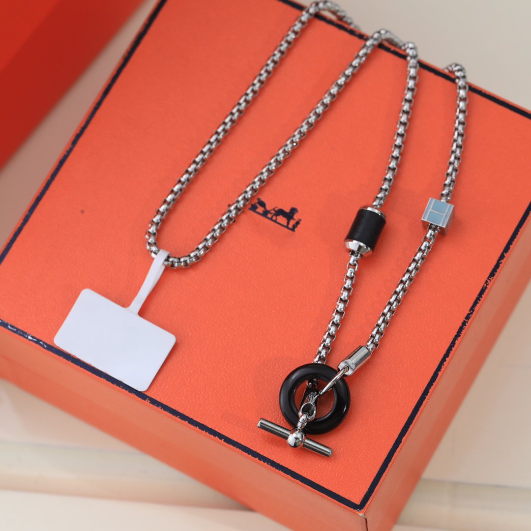 Hermes HM Black Circle Silver Necklace