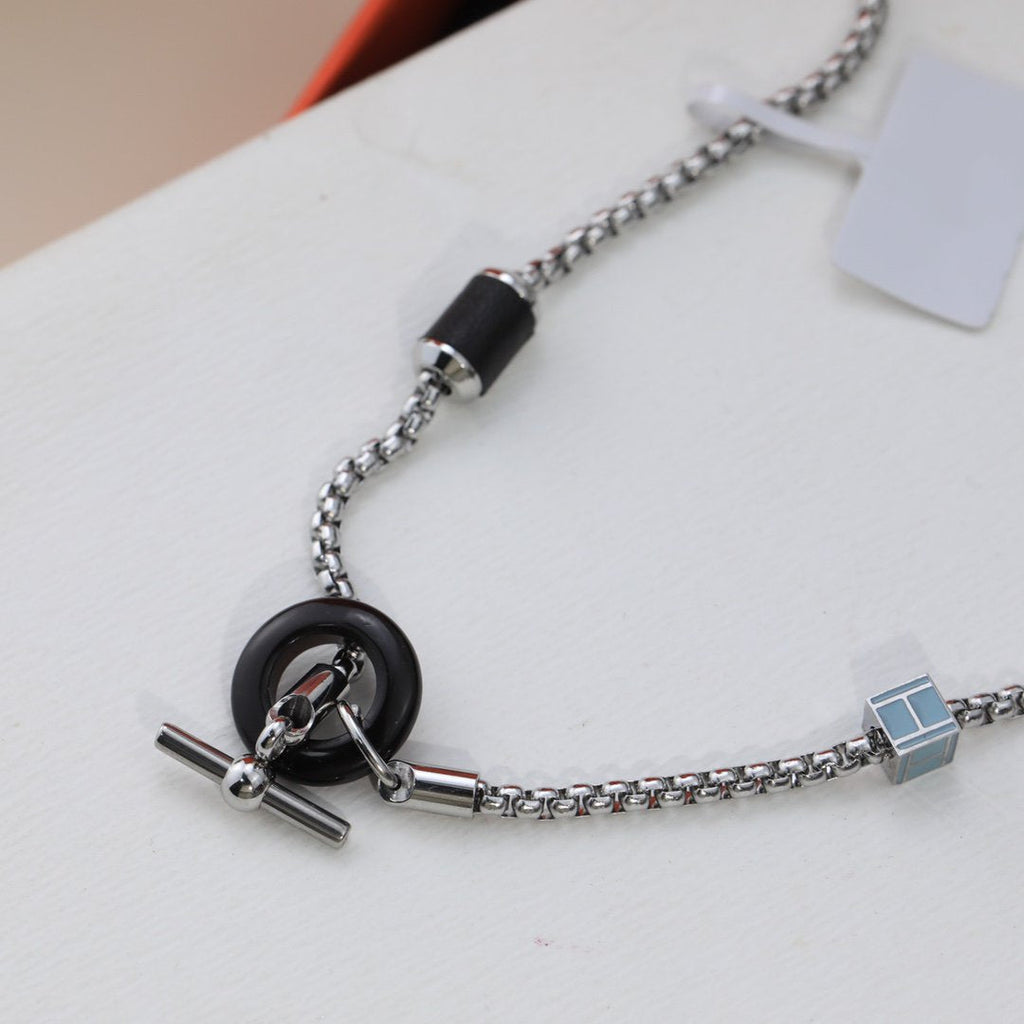 Hermes HM Black Circle Silver Necklace