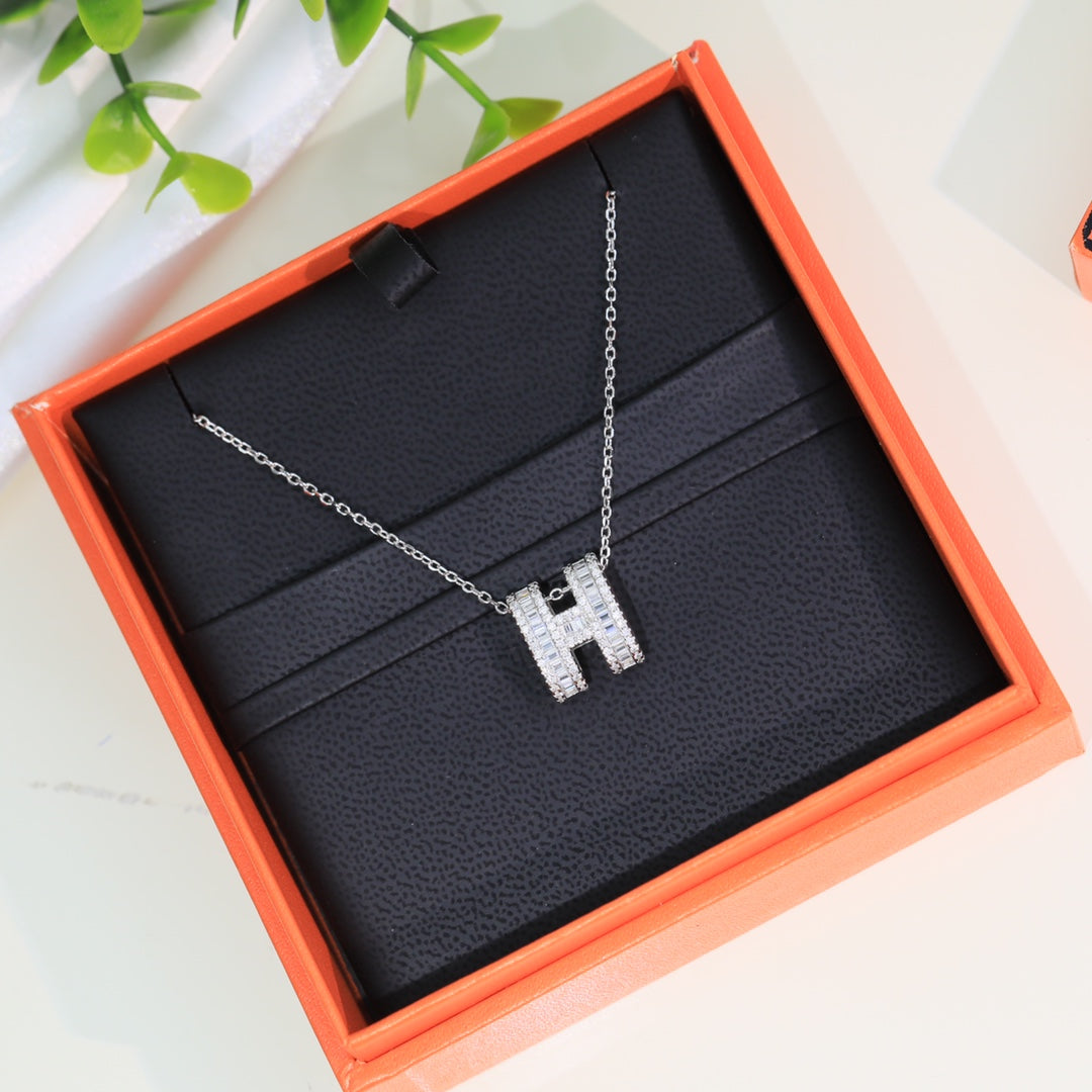 Hermes Pop H Silver Full Diamond Necklace