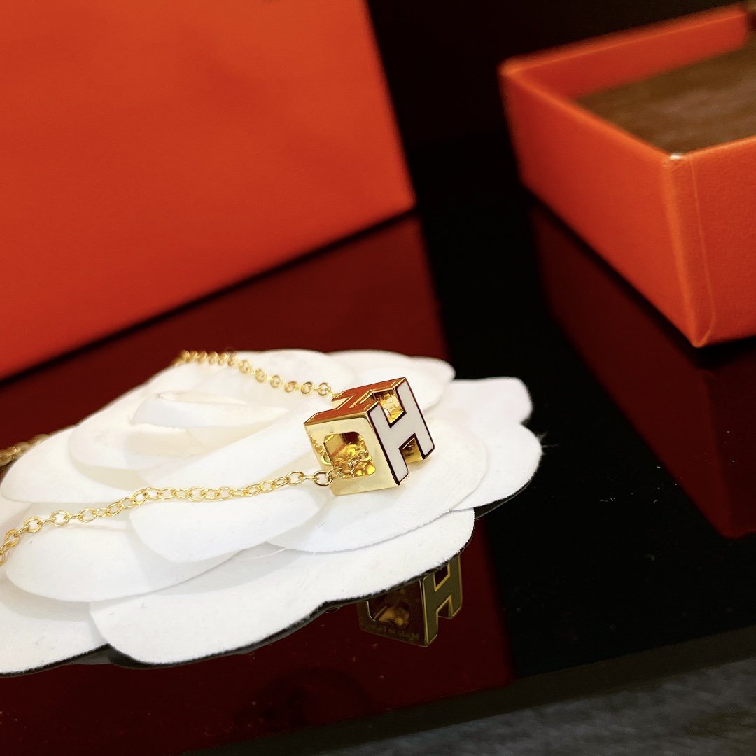 Hermes H White Square Gold Necklace