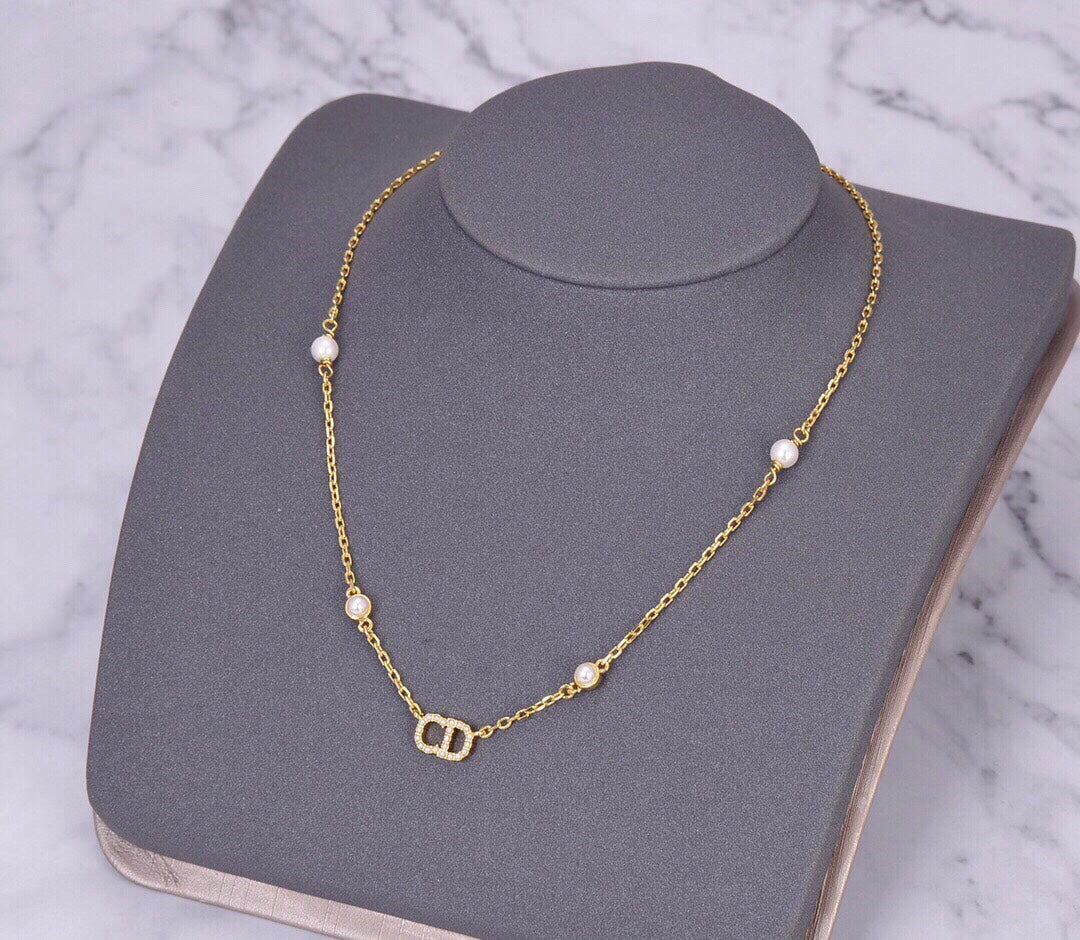 Dior CD Necklace Pendant Gold Diamond 4 Pearl