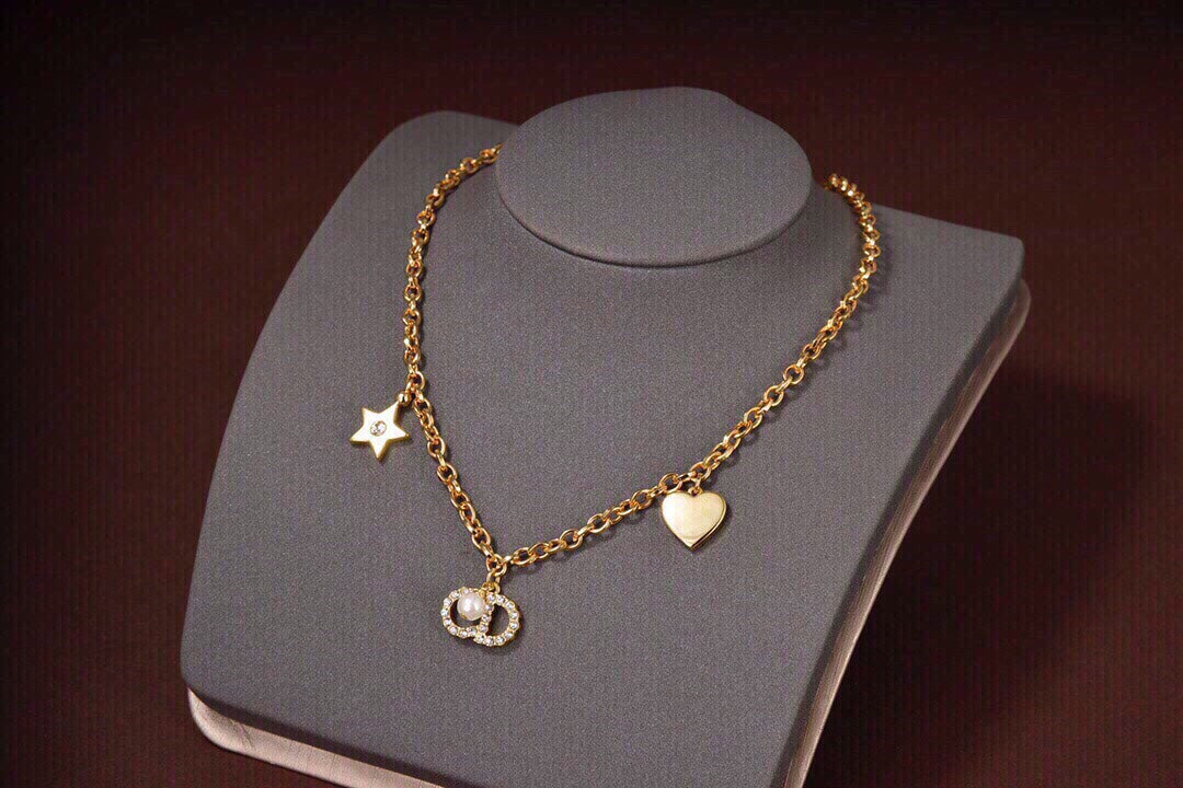 Dior CD Pearl Star Heart Gold Diamond Necklace